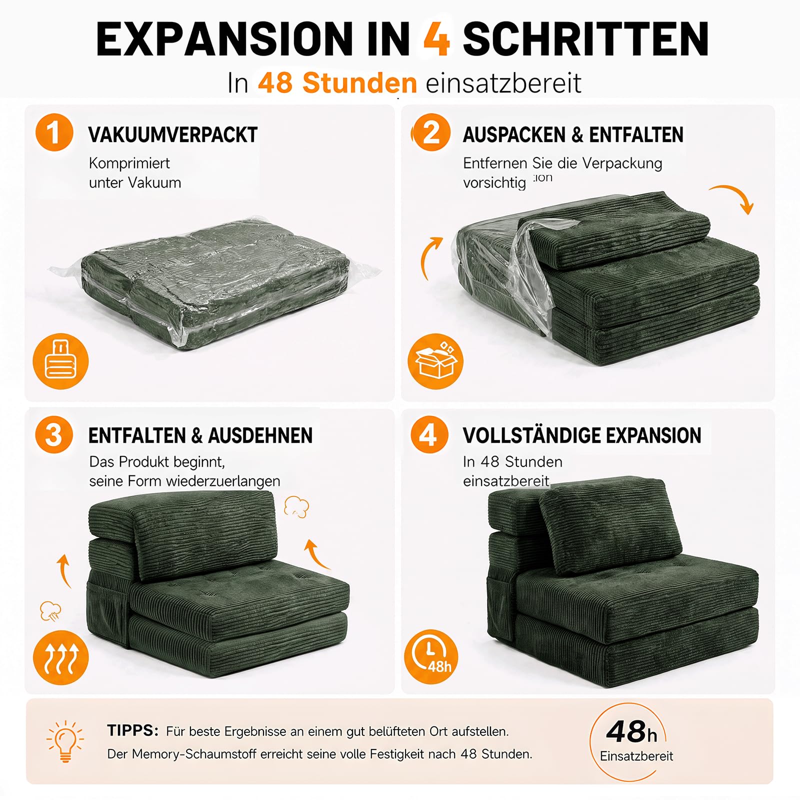 Fabulcozy Wandelbares Sofa 4 in 1, klappbarer Sessel mit Seitentasche, Komfortschaum, Cordbezug, Kissen und Kopfstütze, für Wohnzimmer oder kleine Räume,Grün