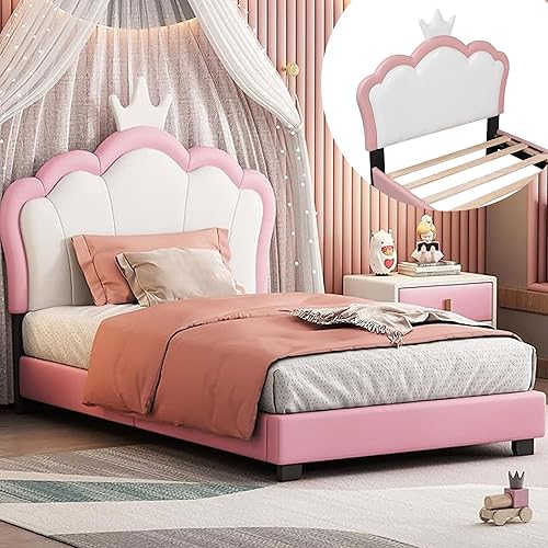 Miniatura 17 de Cama de princesa tapizada de tamaño matrimonial con cabecera corona, marco de cama de princesa para niñas, marco de cama rosa para niña (blanco y