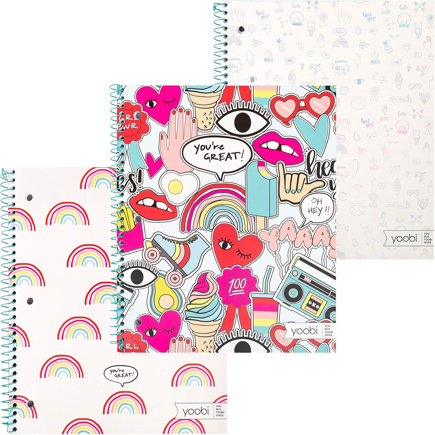 Yoobi 3 Pk 1 Subject Spiral Notebook, College Ruled - Rainbow Repeat, Holographic Mini Doodles, Jumbo Multicolor Doodles