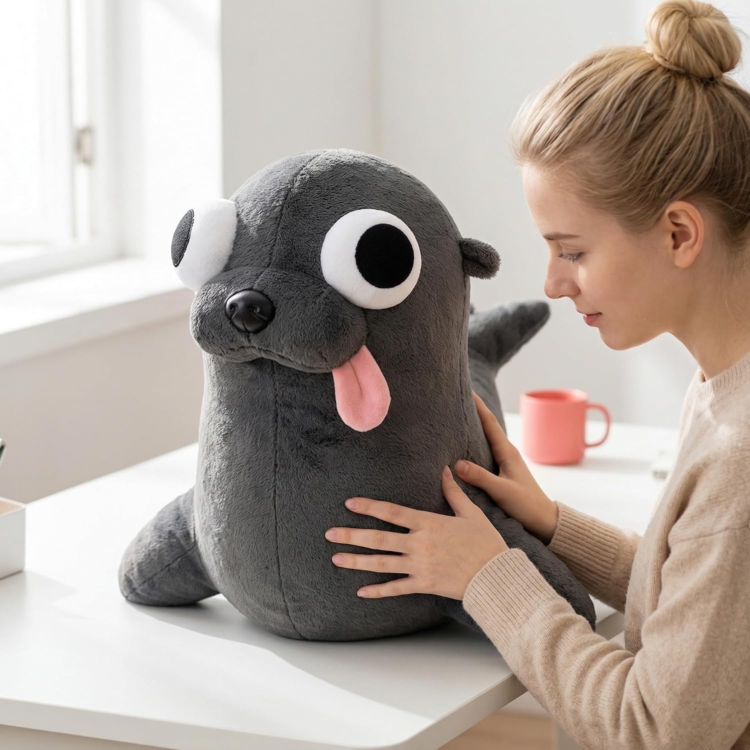 Funny Gray Seal Plush Toy - Goofy Big-Eyed Stuffed Animal with Tongue Out, Soft Cuddly Seal Companion for Kids & Adults, Cute Silly Marine Plushie (Grey 9 inch)