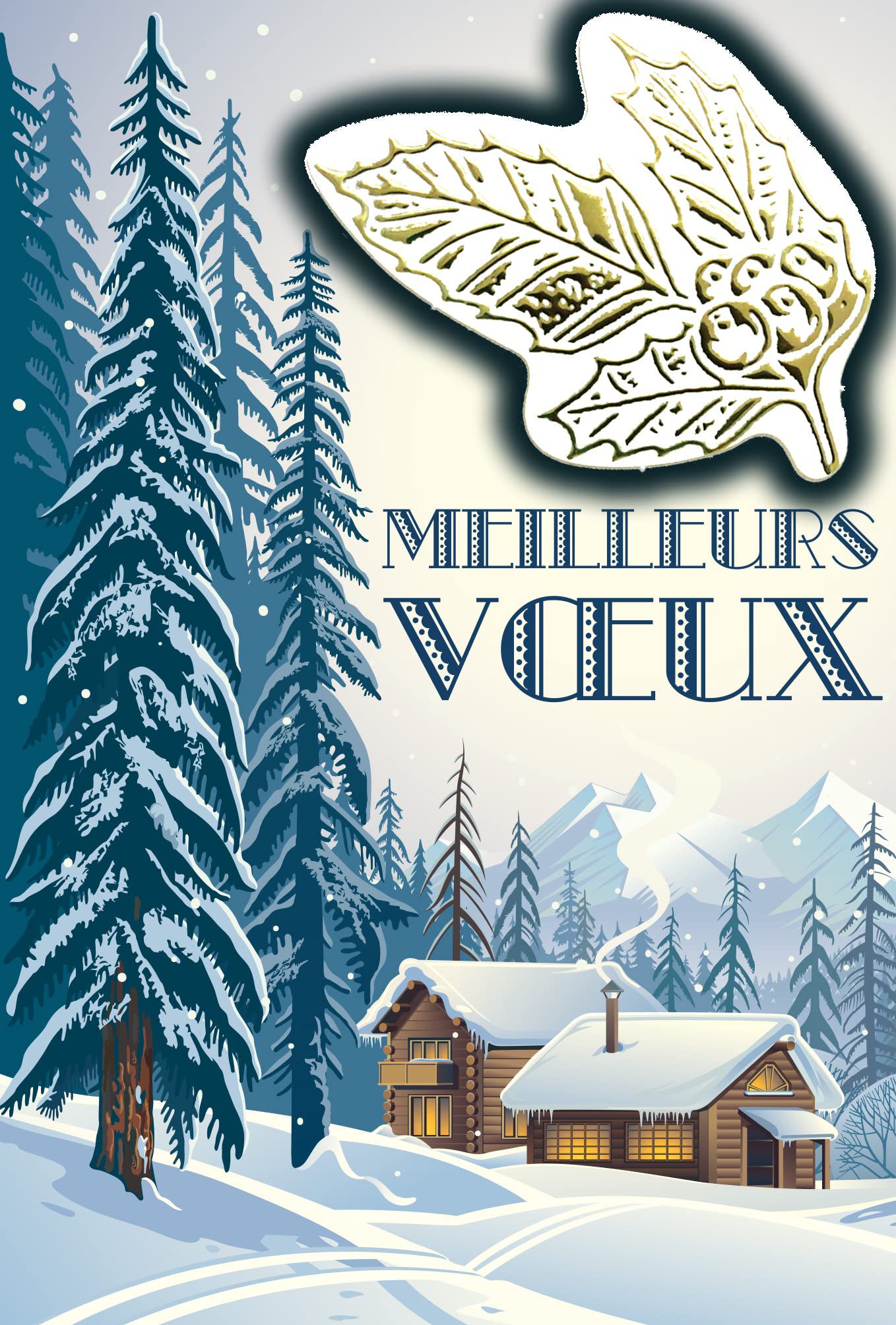 Afie 61-6008 Card with Envelope and Collage Embossed Gold Holly Shiny Wishing a Happy Year Present His Best Wishes Chalets Fir Forest Under the Snow Mountain Winter Sports - Image 2