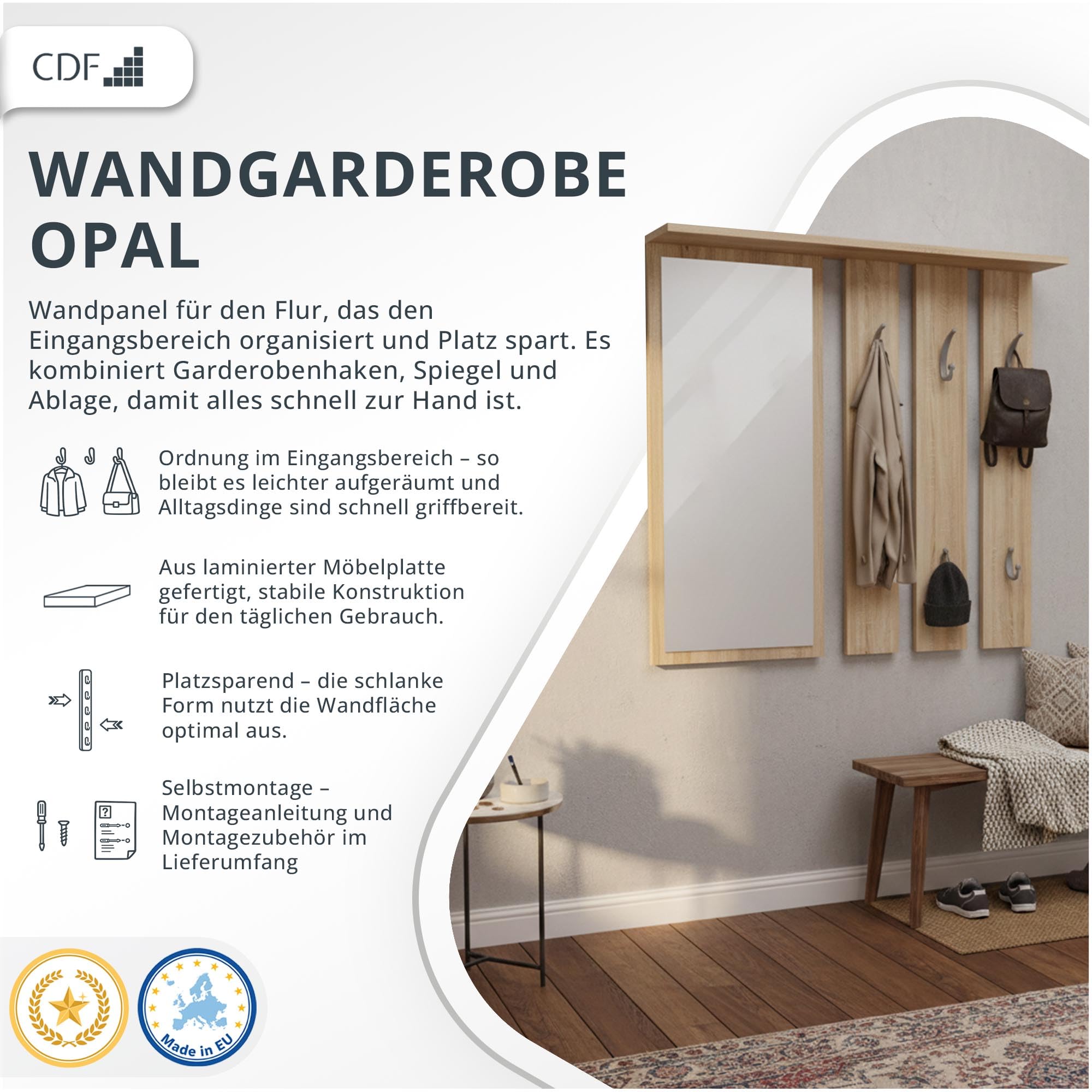 CDF Kleiderständer Opal | Farbe: Eiche Sonoma | Platz für Kleidungen, Mäntel, Jacken | Ideal für EIN Vorzimmer, Flur, Arbeitszimmer, Büro | 6 Haken | Einlageböden | großer Spiegel