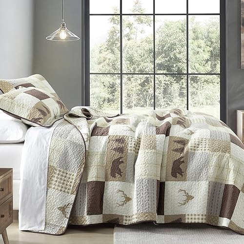 Miniatura 2 de Juego de edredón tamaño King, colcha rústica de 100 % algodón para cama King, edredón reversible y ligero con patrones de vida silvestre,