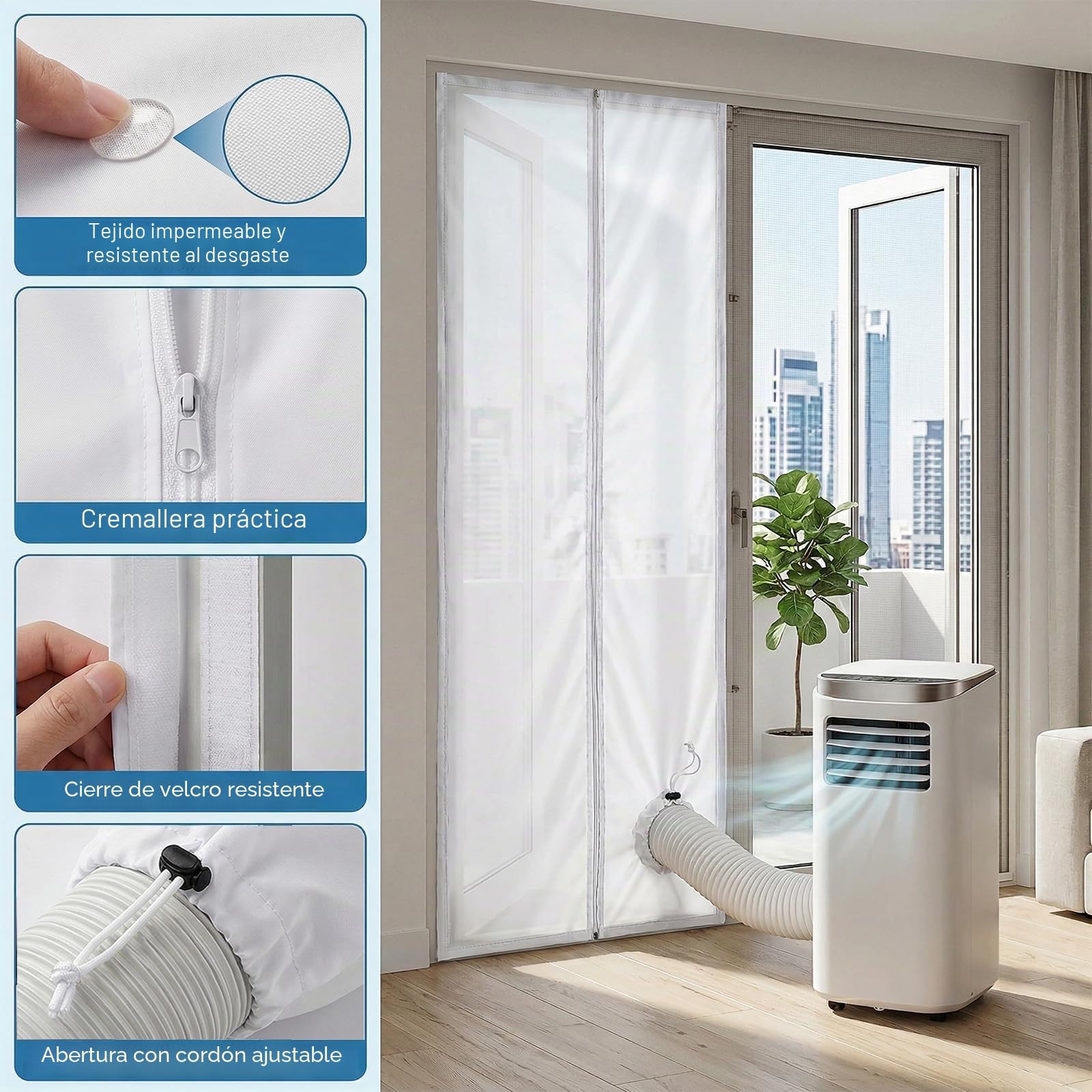 Kit Sellado Ventana Aire Acondicionado 120x240cm + 8M Cinta Adhesiva – Kit Ventana Aire Acondicionado Portátil con Ojal de Cordoncillo para Kit Puerta Corredera Aire Acondicionado Portátil