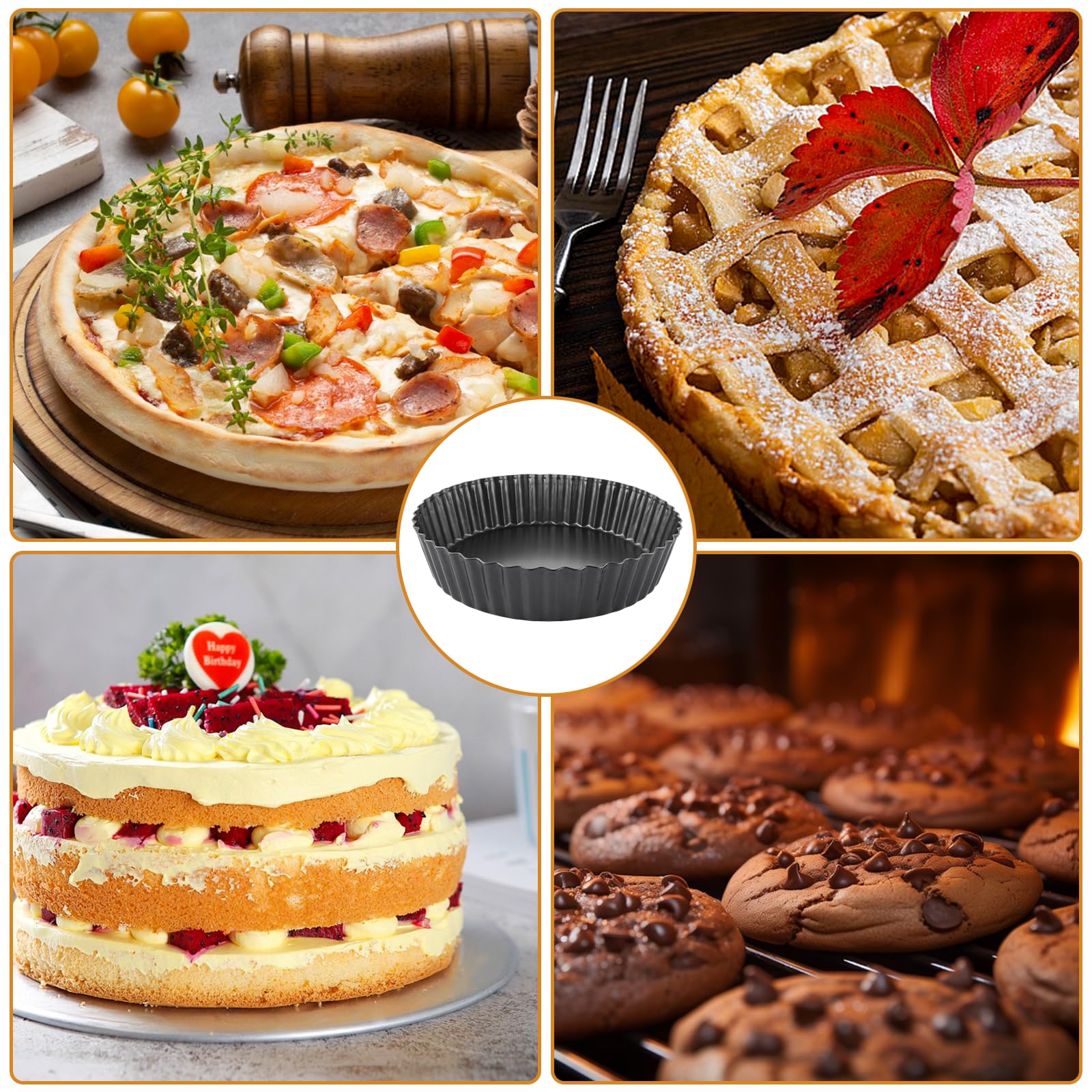 Lot de 2 moules à tarte, ronds, avec fond amovible, 24 x 5 cm, anti-adhésif, avec fond amovible, pour tarte, quiche, tarte