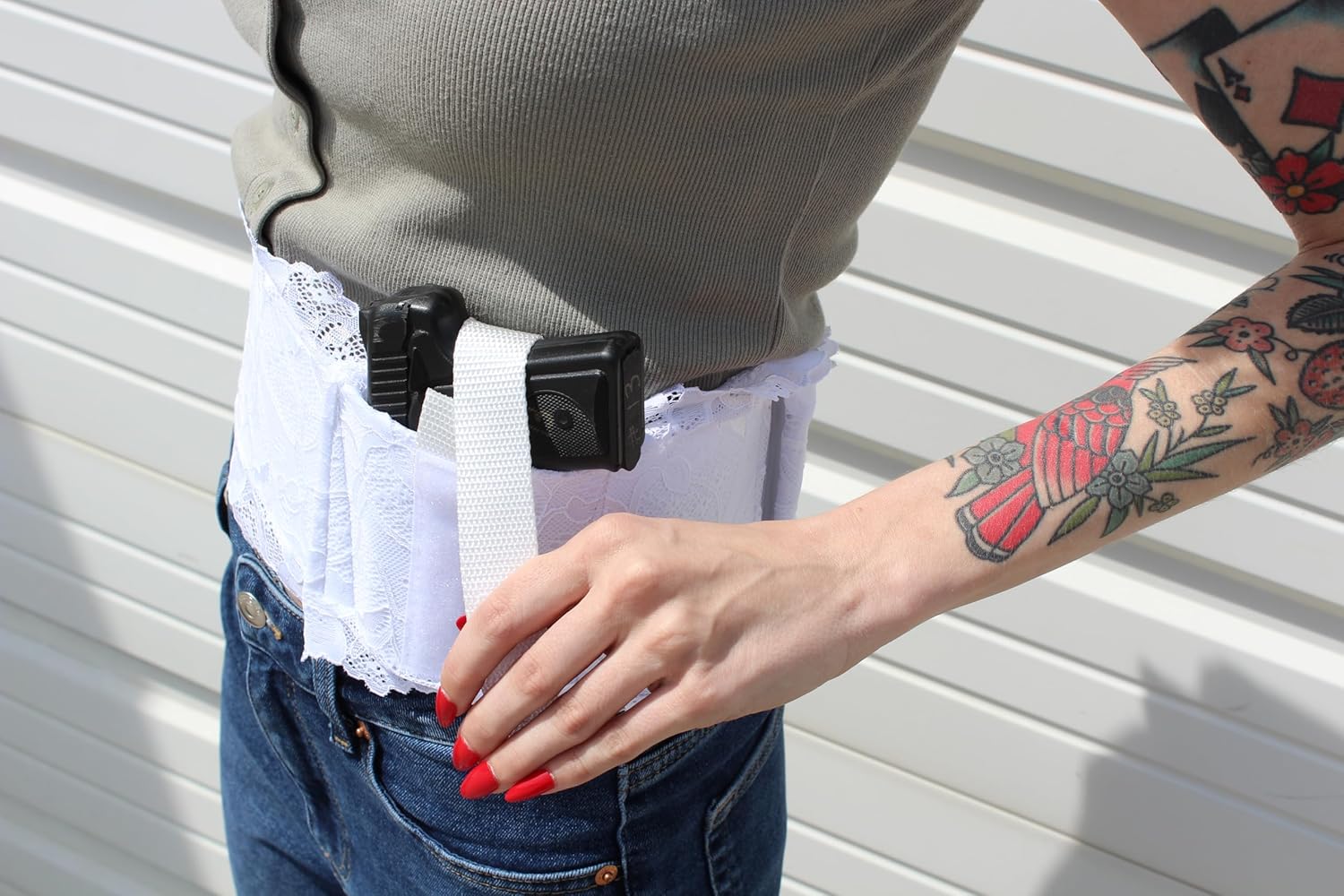 Daltech Force Women's Concealed Carry Lace Belly Band Gun Holster – Spandex Lining, 4 inch Wide, Secure Fit for Everyday Wear or Jogging - Accessory Pocket Included