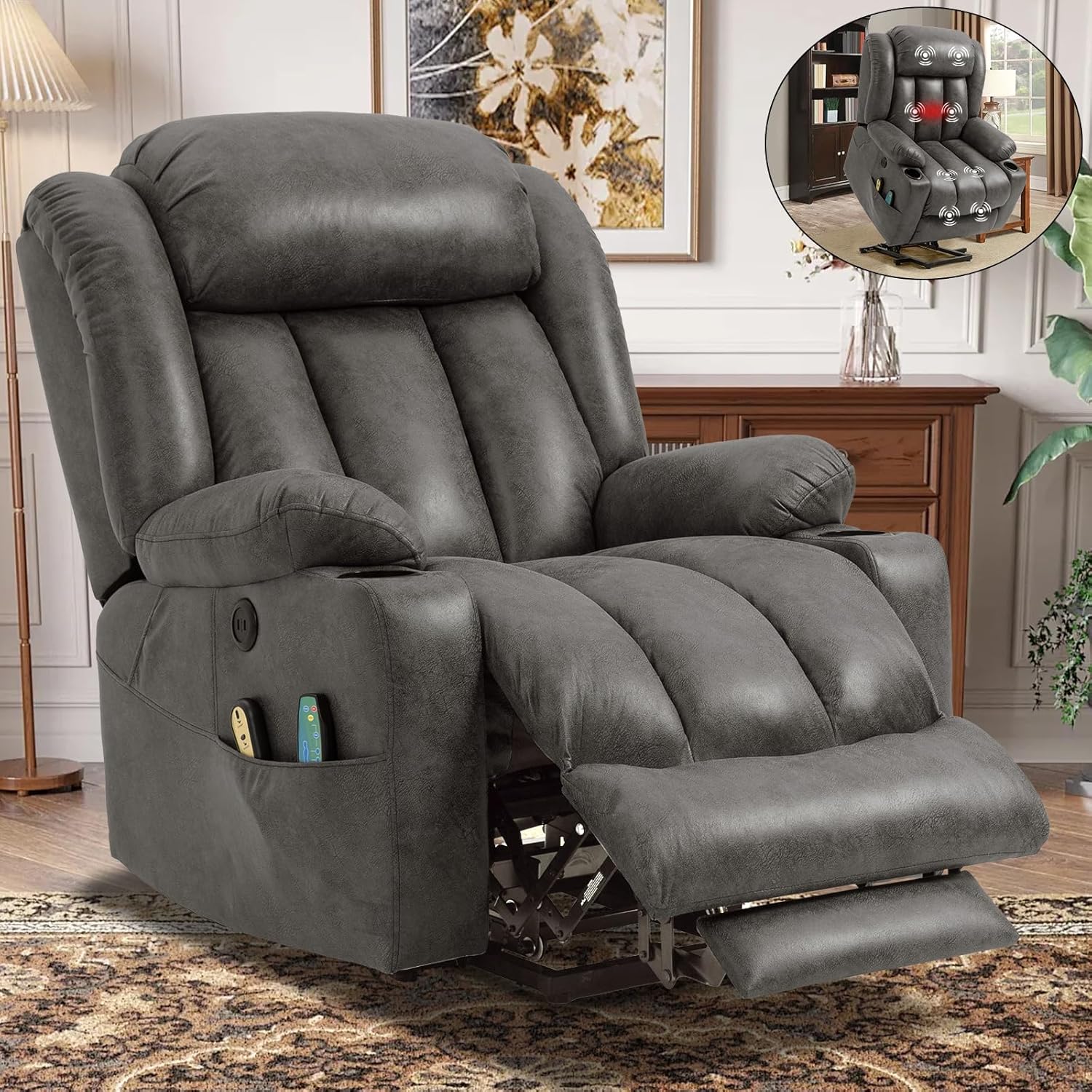 Large Electric Power Lift Recliner Chair with Extended Footrest for Elderly Big, Extra Large and Wide Reclining Sofa for Living Room, Home Theater Seating with Massage and Heat(Grey)
