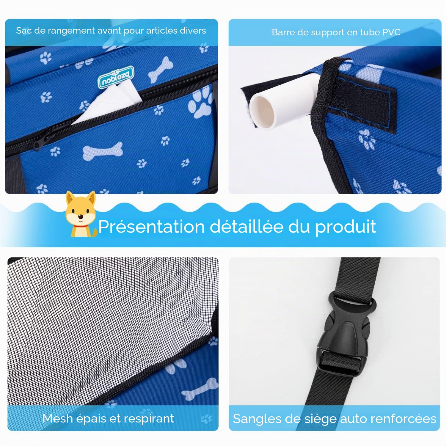 Nobleza Siège Auto pour Chien et Chat, Panier de Voiture Pliable pour Petits Chiens avec Ceinture de Sécurité, Imperméable et Respirant en Tissu Oxford, 40x34x25cm, Bleu
