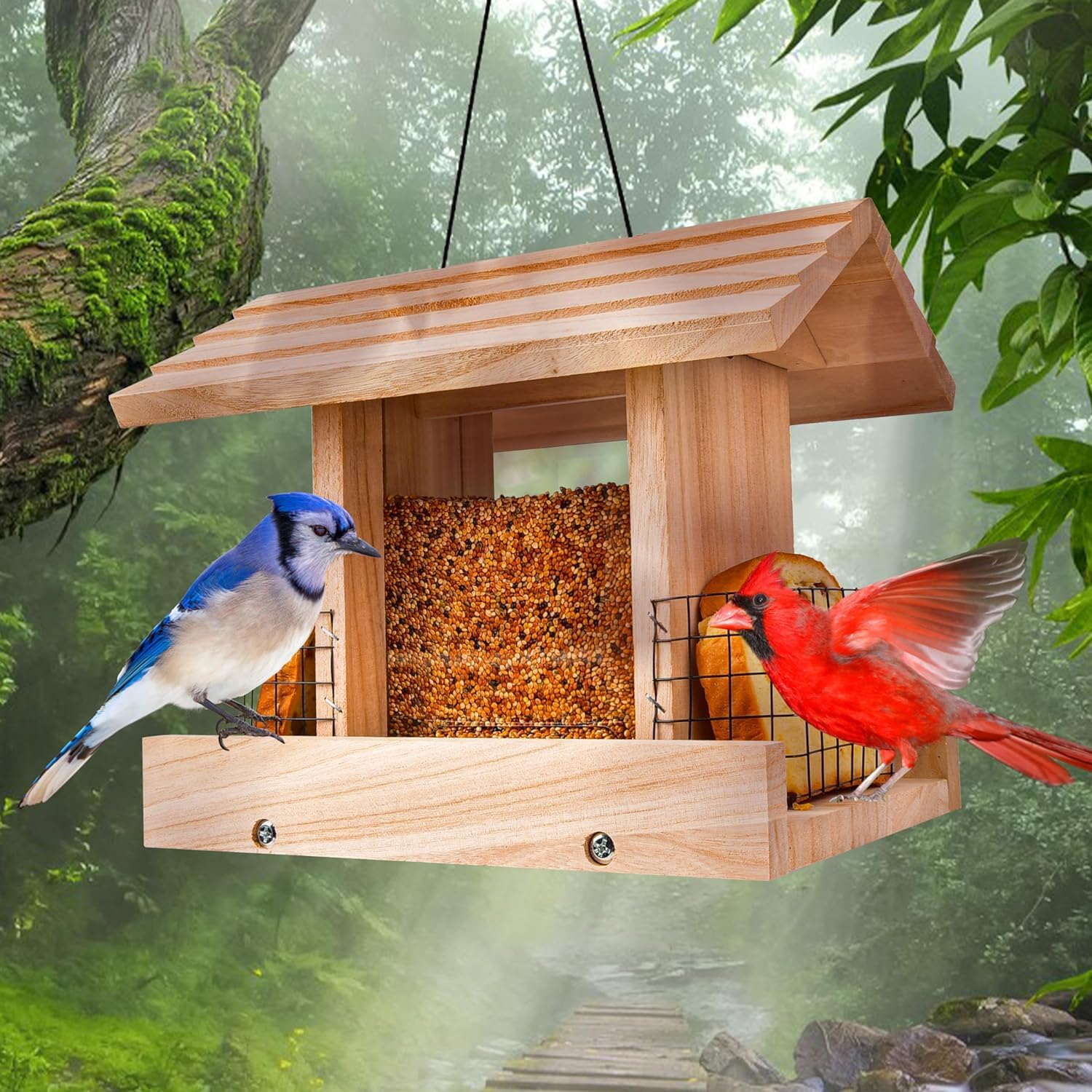 esmen Comederos Comederos para pájaros de Gran Capacidad para Exteriores, comedero de Madera para pájaros, comederos Colgantes con Soporte