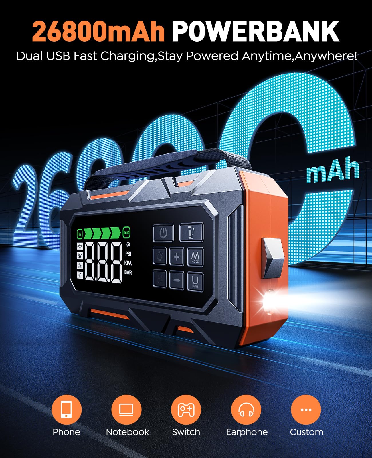 TREKURE 14 en 1 8000A Arrancador de Baterias de Coche, 160 PSI Arrancador de Coches con Compresor de Aire, Nuevo Kits de Emergencia con Luces Multimodo y Guantes Aislantes(para All Gas o 12L Diesel)