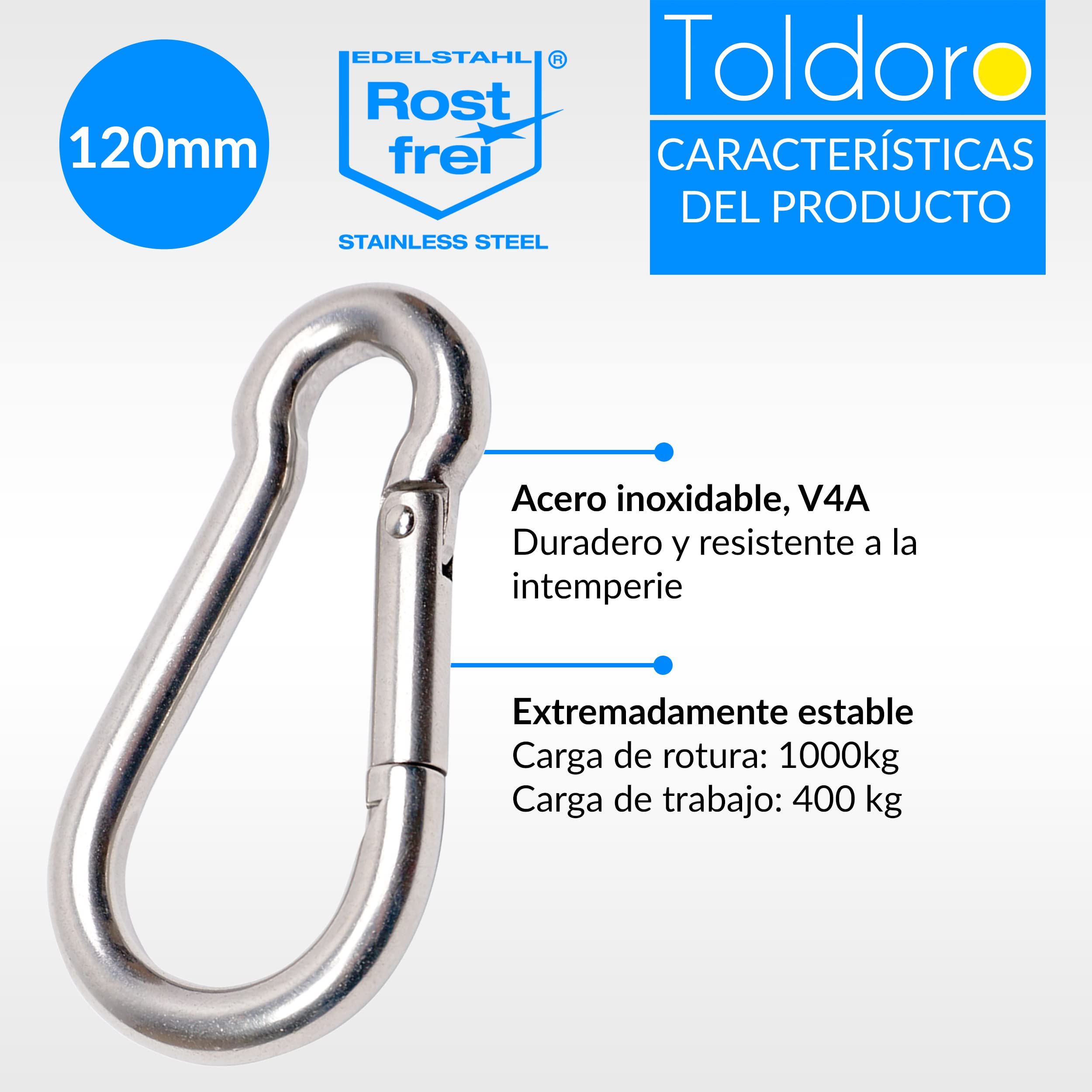 Toldoro 10 Piezas de mosquetones 11x120mm de Acero Inoxidable Niro AISI 316 V4A - Diferentes tamaños y cantidades Disponibles - mosquetón de Bomberos mosquetón sin dedal