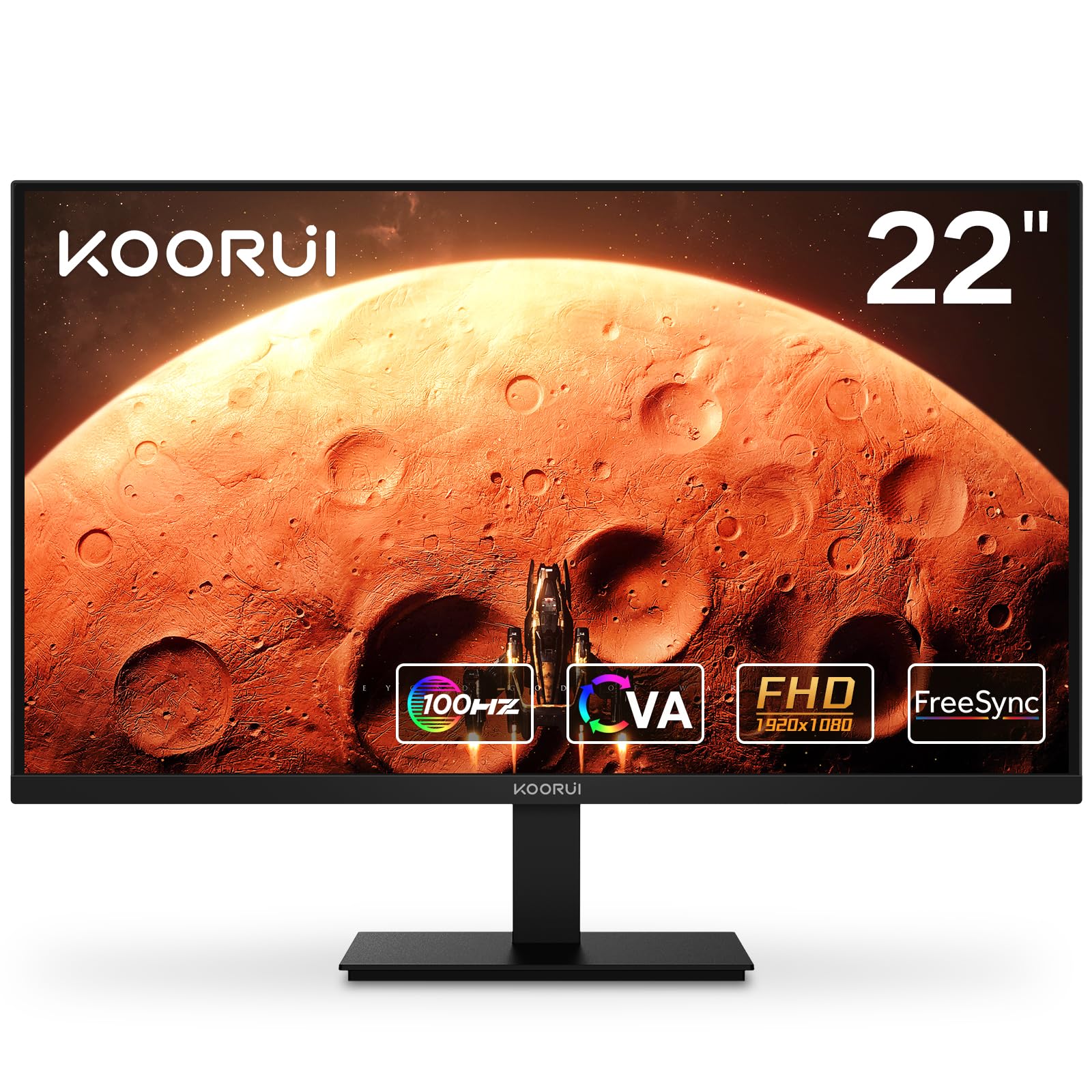 KOORUI Computer Monitor 22 Inch PC Gaming Full HD 1080P 100Hz VA Panel LCD Display with Adpitive sync (HDMI/VGA/VESA 100x100mm/Audio Out)