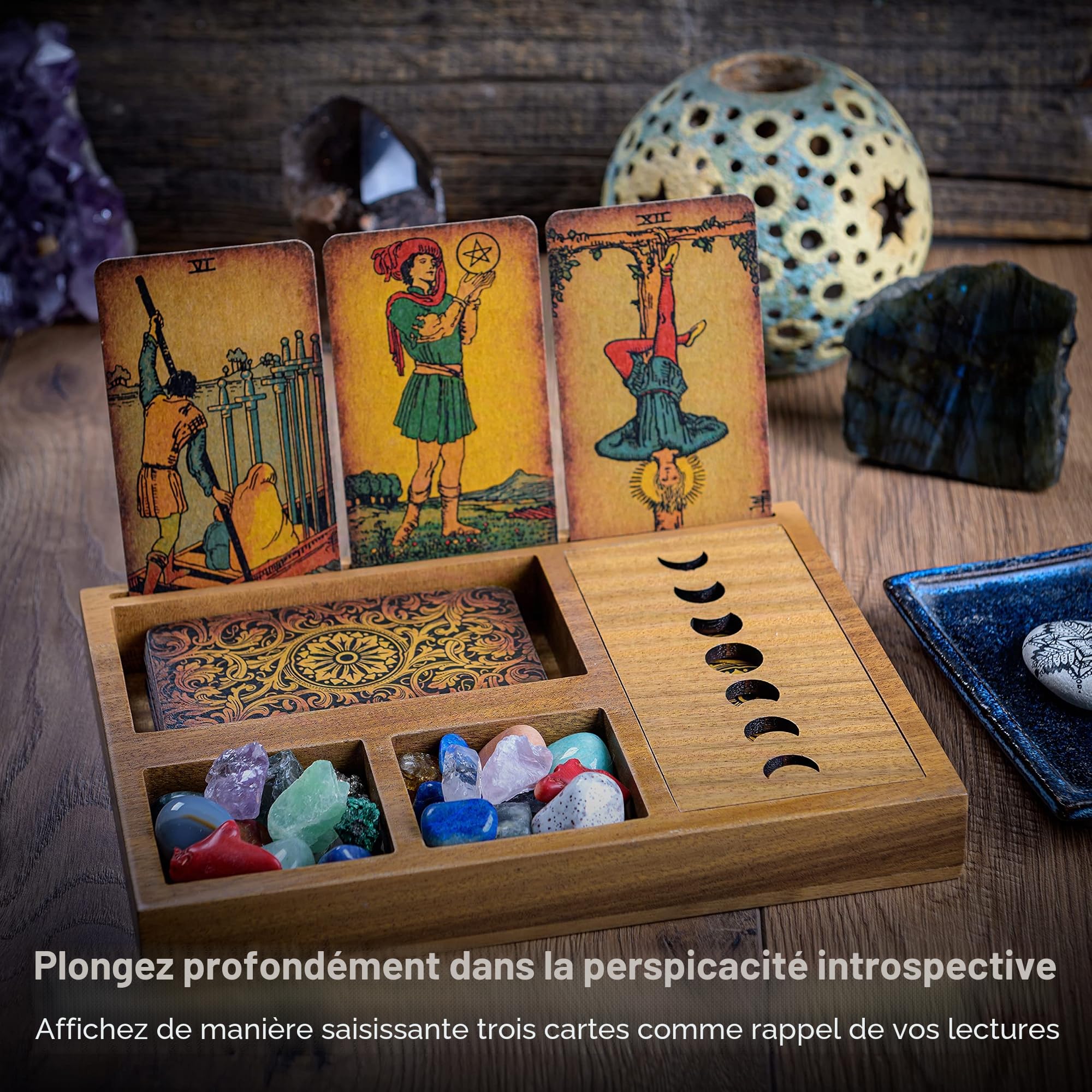 Boîte de rangement pour cartes de tarot avec 3 lectures immersives, support de cartes de tarot et support en cristal Design phase de lune Support de plateau de tarot et plateau en cristal