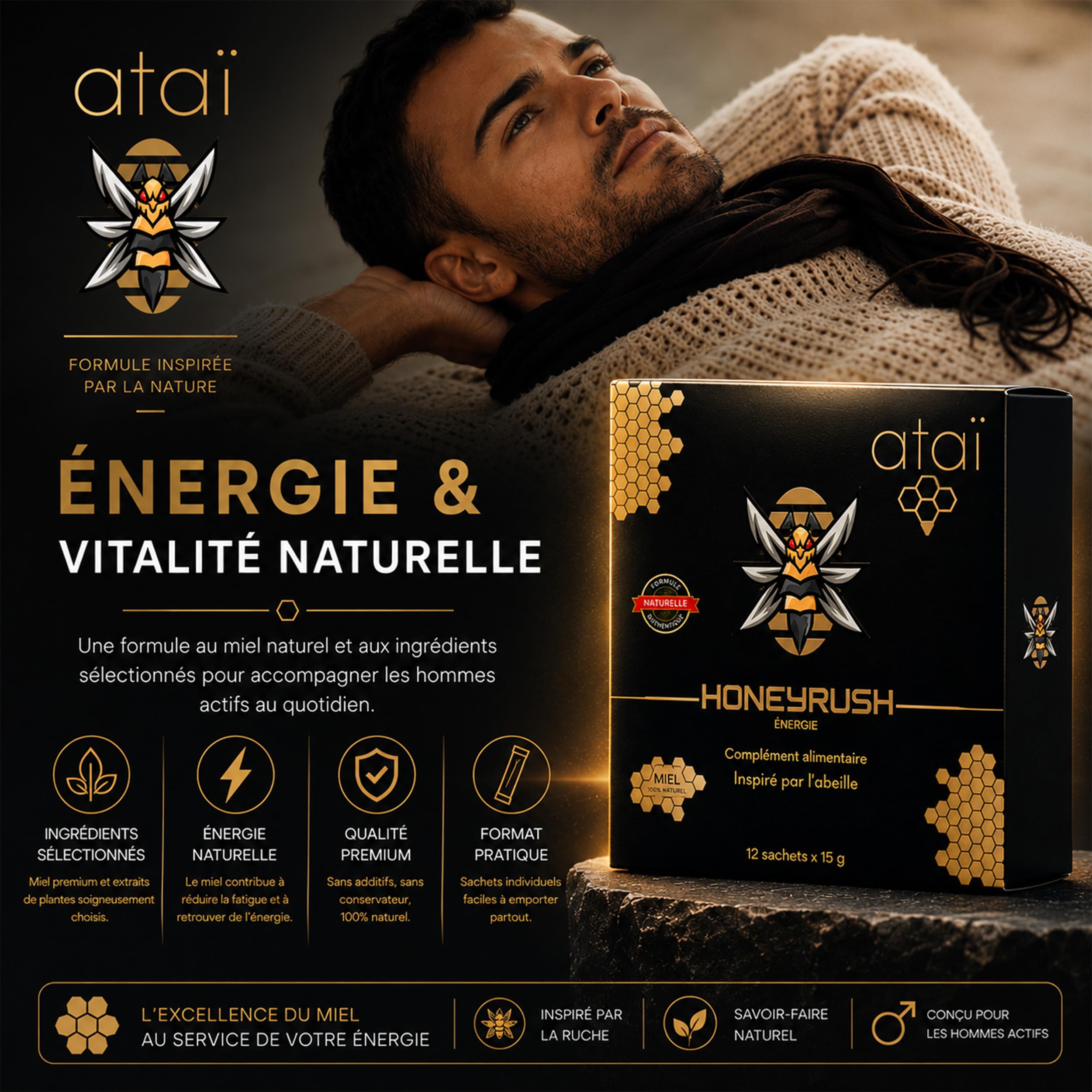 TONUS HOMME HONEY RUSH Miel, gélée royale, Guarana, Maca, Zinc, Vitamines B6,B12,C 12 Sachets 15 g