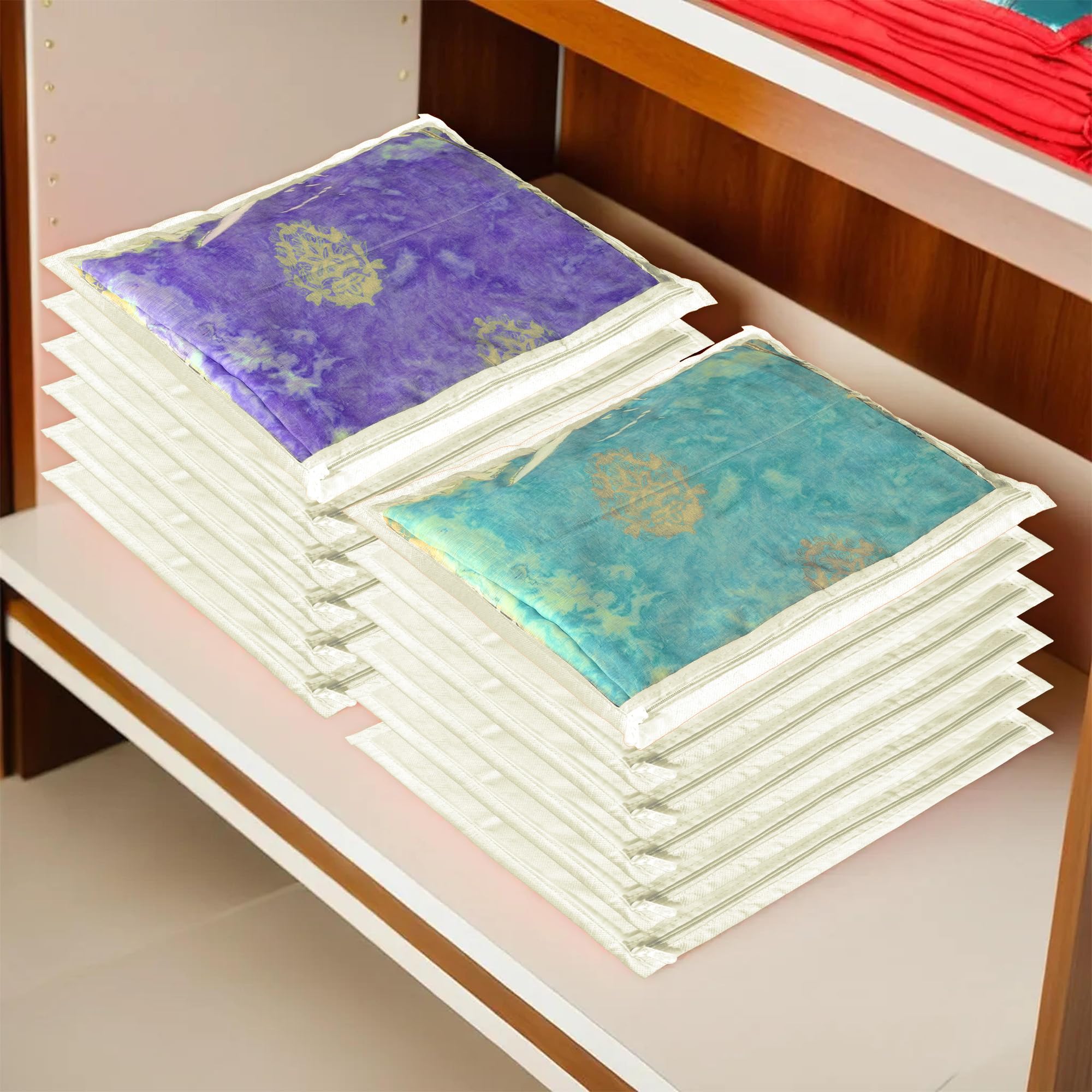 Kuber Industries Cream Clothes Organizer For Wardrobe (Pack Of 12) - Single Storage Organizer For Saree | Salwar Suit And Lehenga Chunni - Dress Organizer For Wardrobe - Single Saree Covers With Zip (Cream)