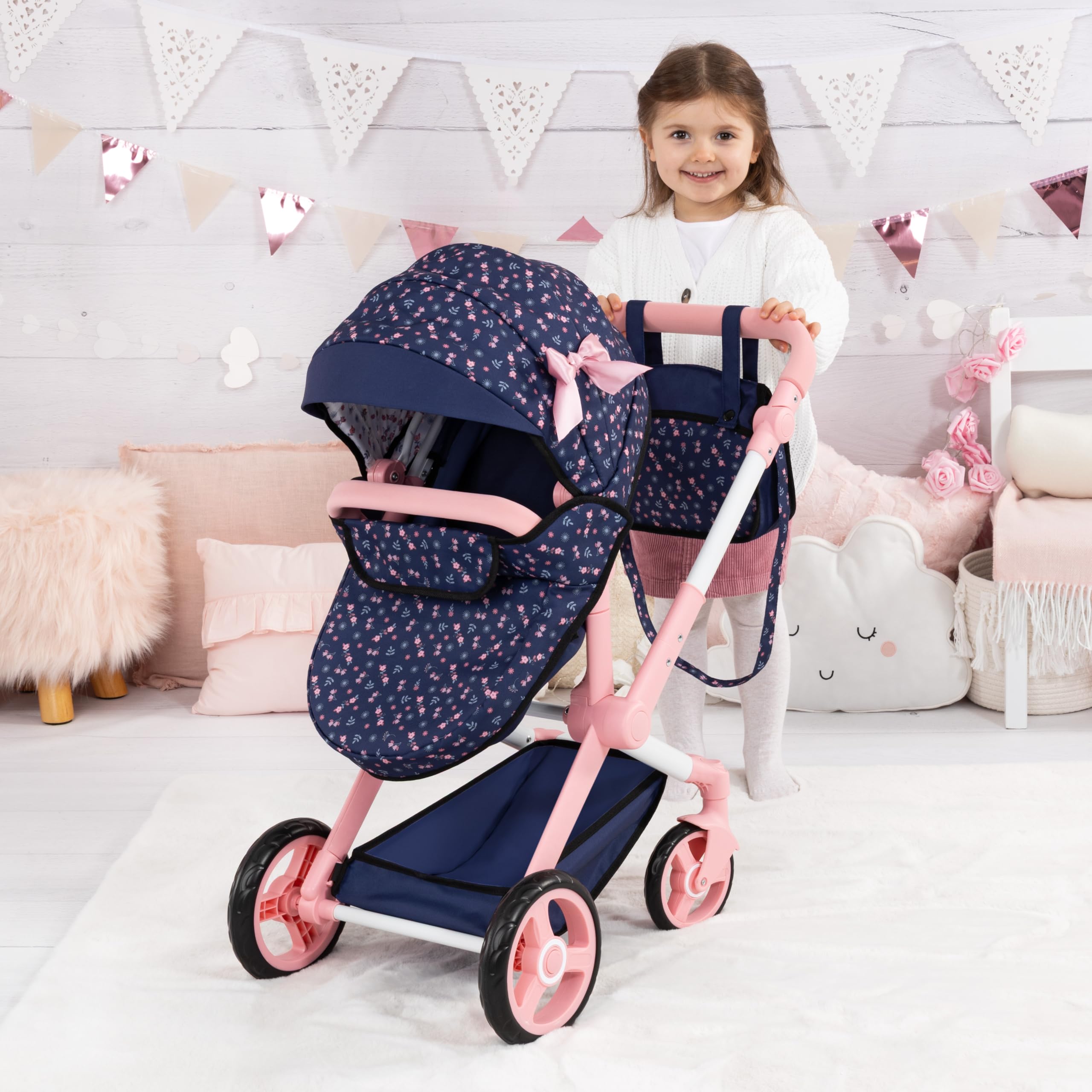 Bayer Design Puppenwagen Xeo mit Tasche, höhenverstellbar, wandelbar | wandelbar als Puppenjogger, Schwenkschieber, verstellbarer Griff, bewegliche Vorderräder, integrierter Korb