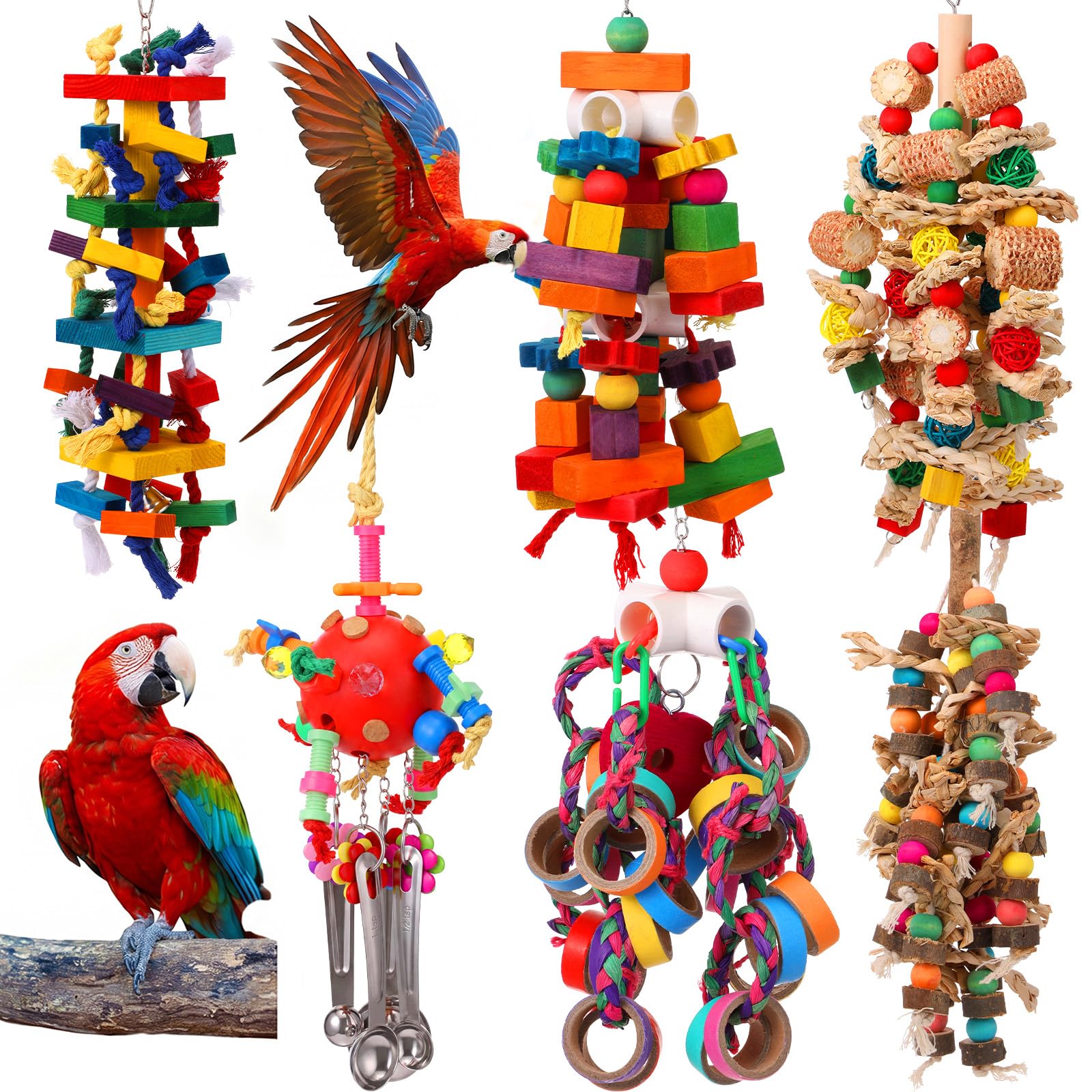 Soulchen 6 Stück extra großes Vogel-Papageienspielzeug-Set aus natürlichem Holz, Rattan-Ball, Holznuss, Luffa-Schnur (Beutel) für große Aras, afrikanisches Grau, Amazonas-Papageien (Naturholz)