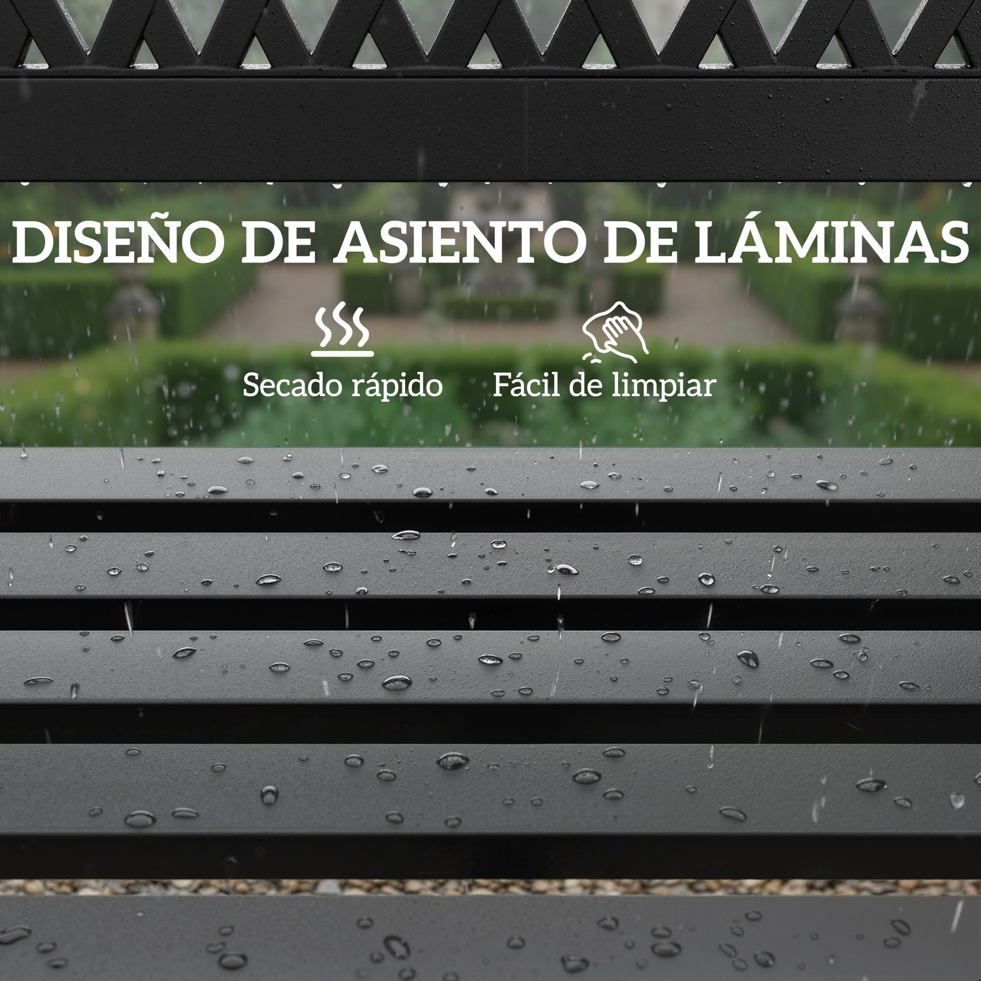 Outsunny Banco de Jardín Exterior de 2 Plazas, Banco Exterior con Asiento Listonado, Reposabrazos y Marco de Acero, para Patio, Terraza, 119x50x75 cm, Negro