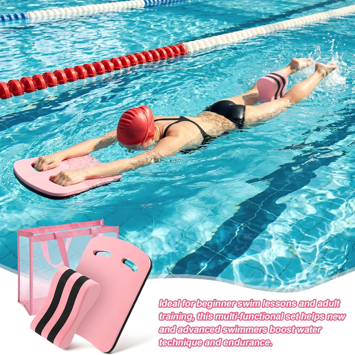 Foilswirl 3 Pcs Swimming Kickboard Pull Buoy Set Paddles Kickboard Leg Float Large Mesh Beach Bag Adult Swim Training Set Aquatic Exercise Equipment Accessories for Hand Leg Beginners Aerobics Fitness