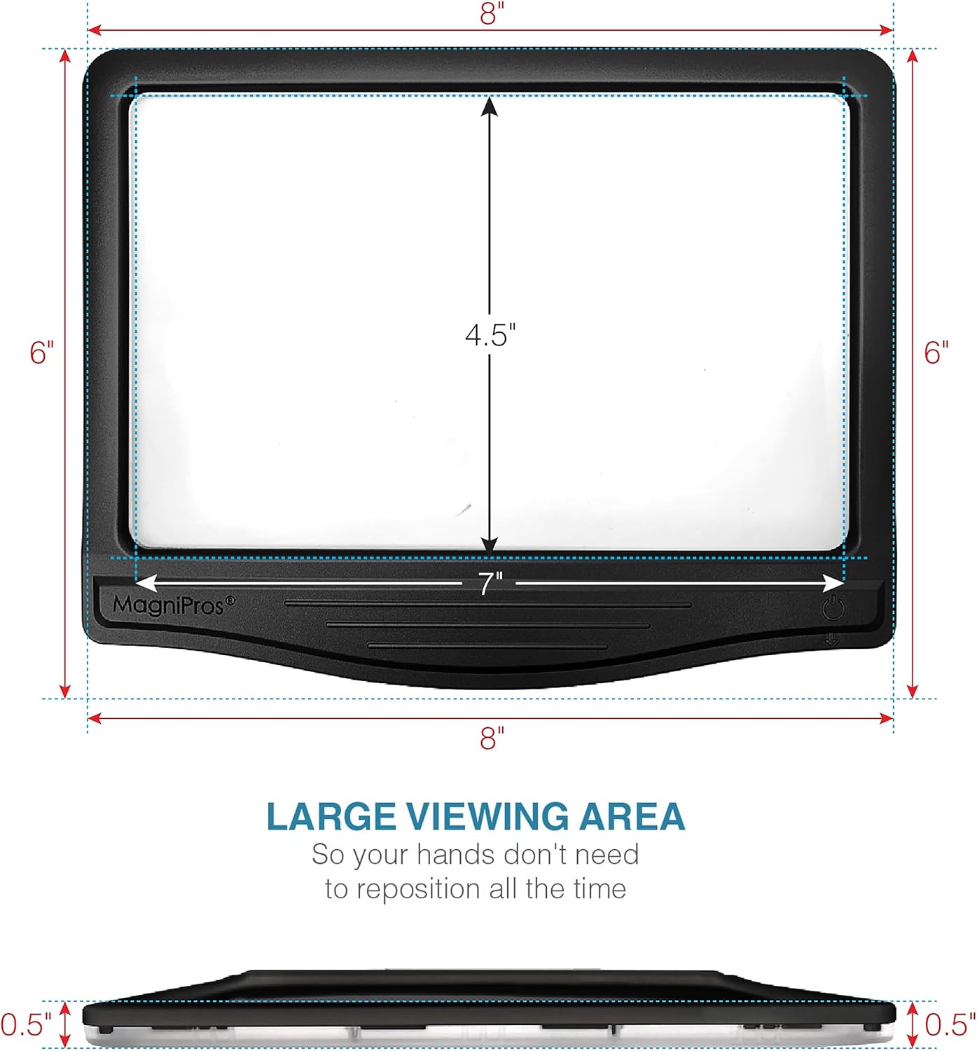 Diagram showing the dimensions of the MagniPros magnifier: 8 inches wide, 6 inches tall, 0.5 inches thick, with a 7x4.5 inch viewing area.
