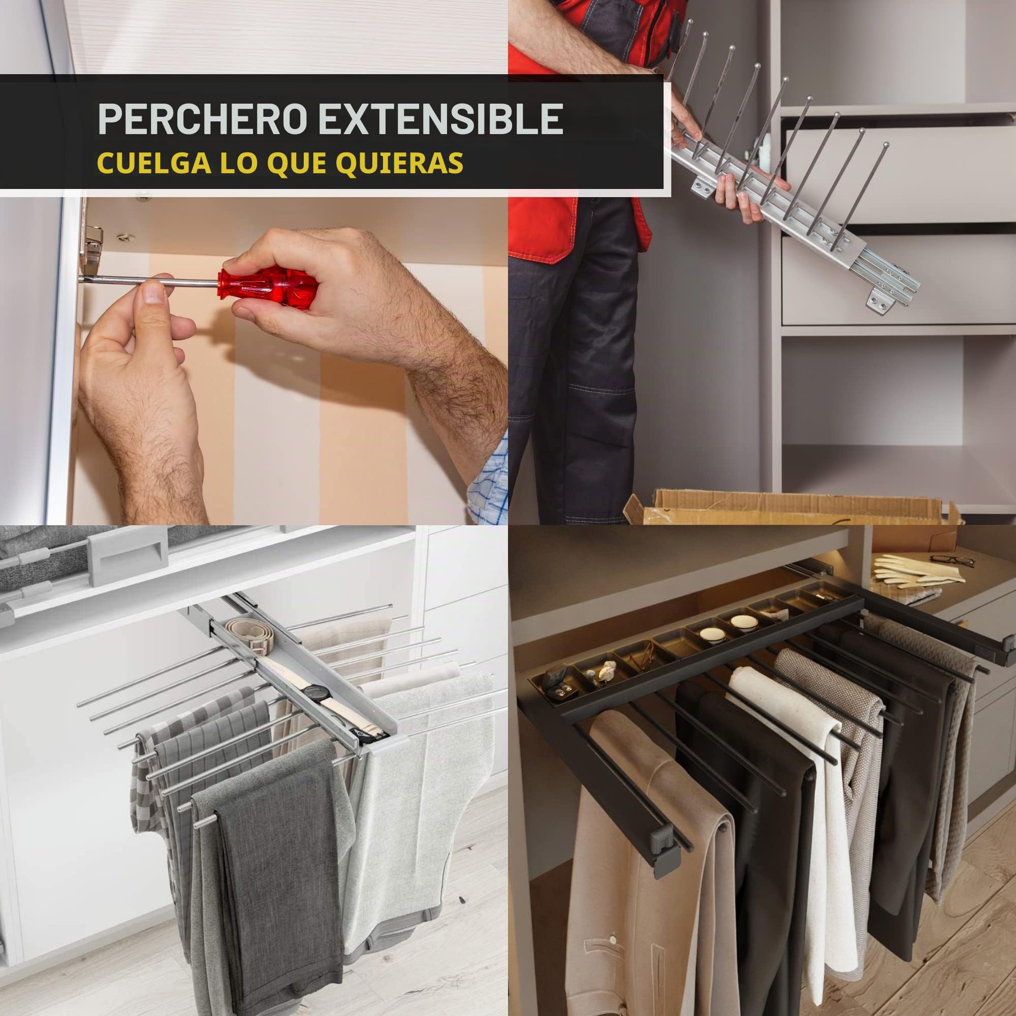 DOJA Barcelona | PERCHERO EXTENSIBLE PANTALONES | 9 Posiciones Izquierda | Percheros Pantalones Extraible | cuelga pantalones extraible | colgador pantalones, Percha para Armario, Vestidores...