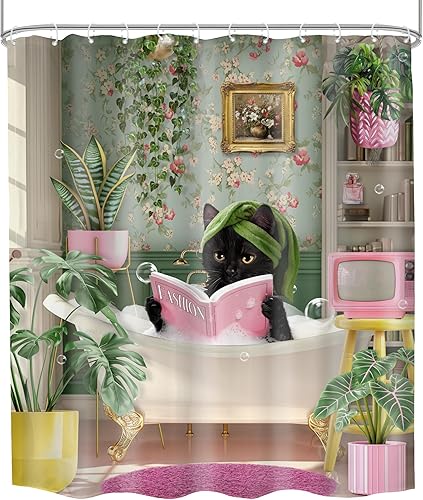 Miniatura 8 de Divertida cortina de ducha de gato de 60 pulgadas de ancho x 72 pulgadas de alto para niños, gato negro, diversión de verano, lindo gatito retro