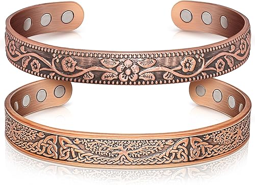 Miniatura 1 de Brazalete de cobre para mujer, pulsera magnética con 3500 imanes Gauss, joyería de cobre 100% puro con caja de regalo (juego de 2)