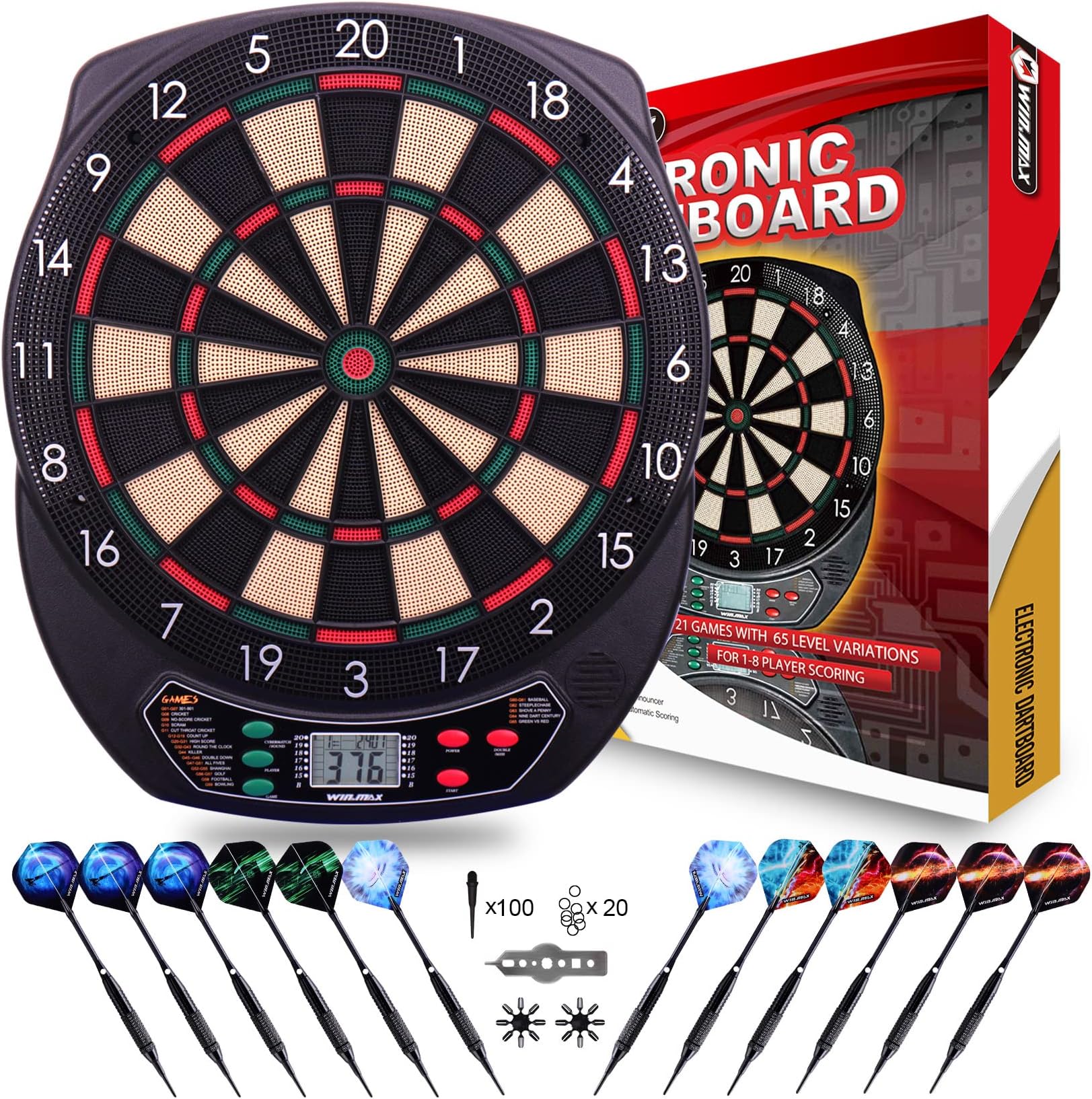 WIN.MAX Electronic Dartboard Professional Set with 65 Variants for 1 to 8 Players with 12 Darts + 12 Pro Flights 100 Arrowheads Accessories