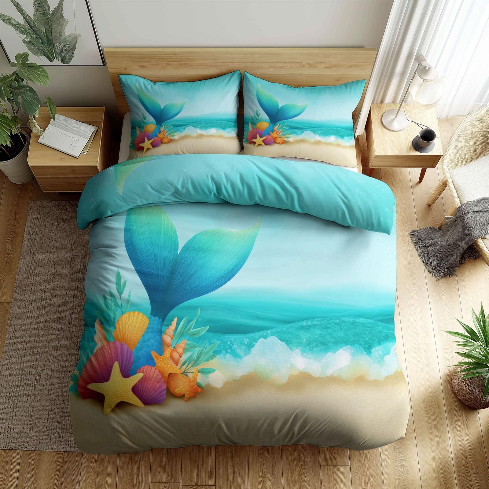 Reversible Children'S Illustrations King Duvet Cover Set 260 x 220 cm, Animal Fish Shells Bubbles Soft Double-Brushed Printed Bedding with Zipper Closure - Breathable Quilt Cover with Pillowcases