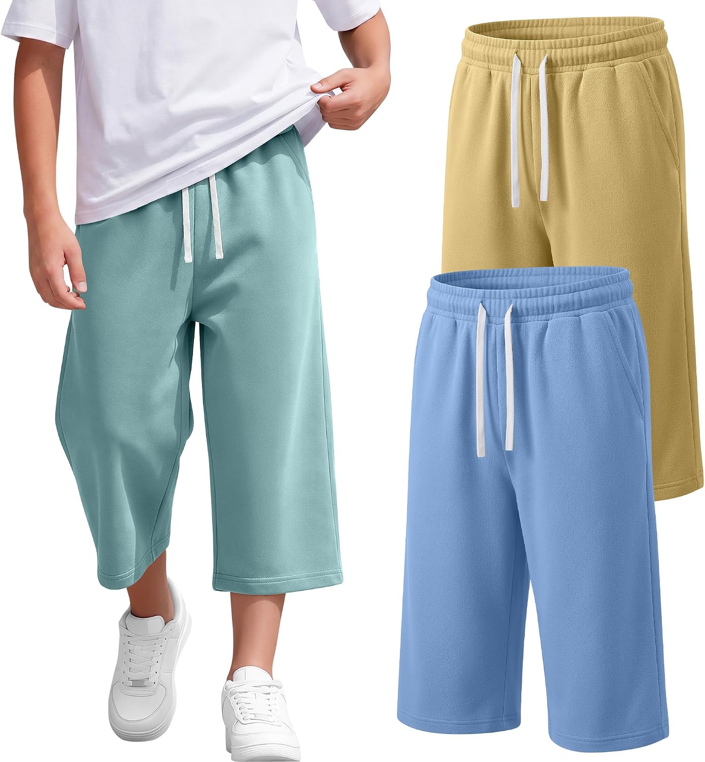 3 Pack Boys Capri Pants 3/4 Wide Leg Drawstring Lightweight Cropped Sweatpants with Pockets Kids 6-16 Years