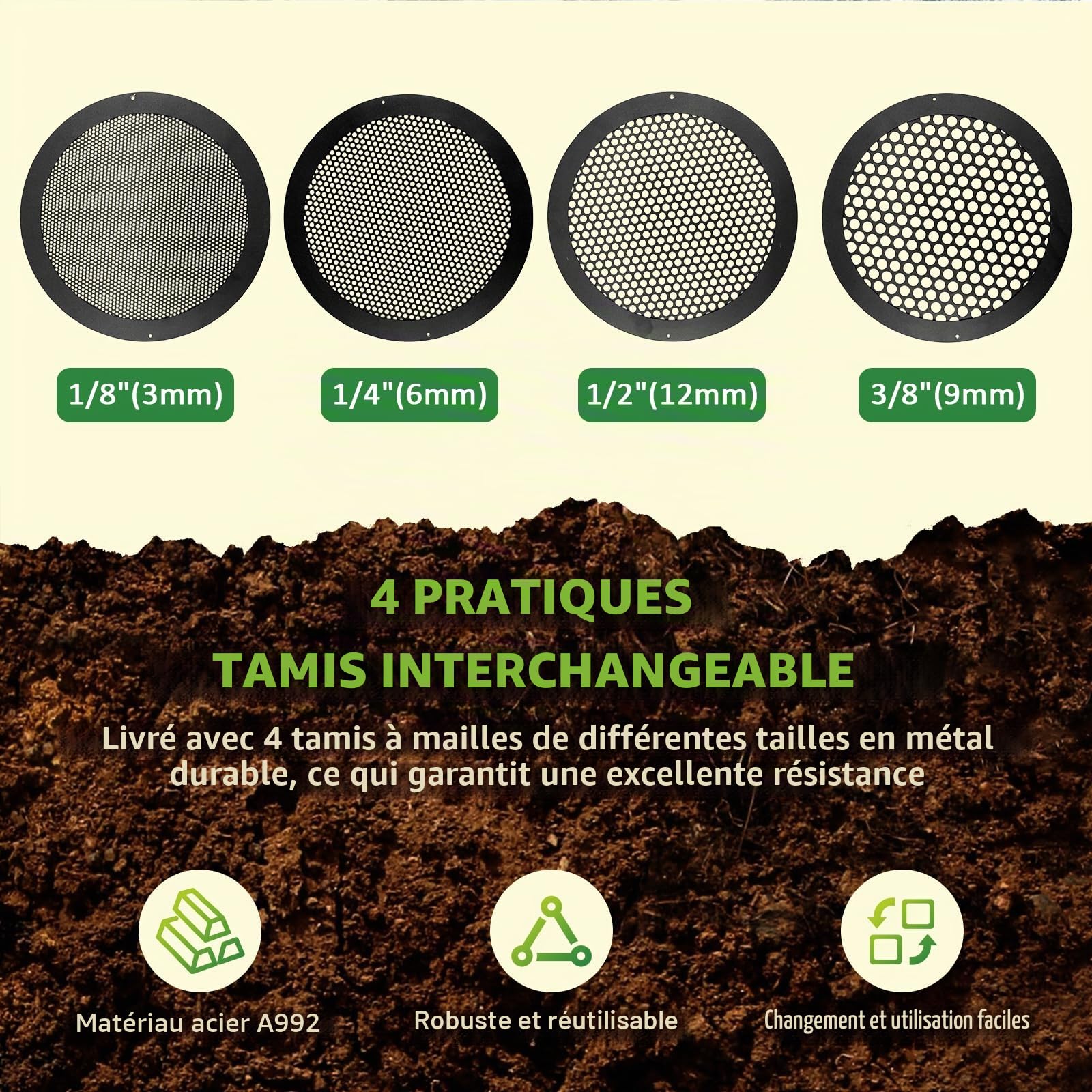 LIROPAU Tamis de jardin, tamis à compost, tamis de jardin en acier inoxydable avec 4 tamis interchangeables, diamètre 3, 6, 9, 12 mm, tamis de fond à manivelle en métal pour terre, compost, semences