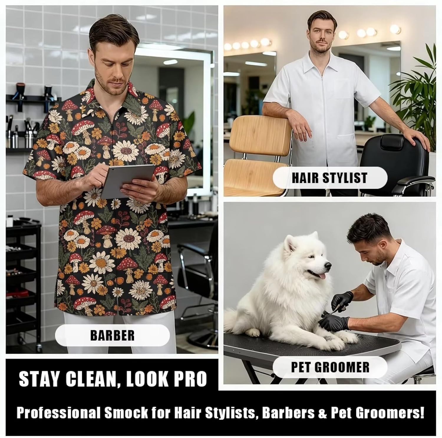 Men Women Barber Work Coat Waterproof Fabric Salon Stylist Tunic Uniform with Pockets for Hairdresser Vet Pet Groomer
