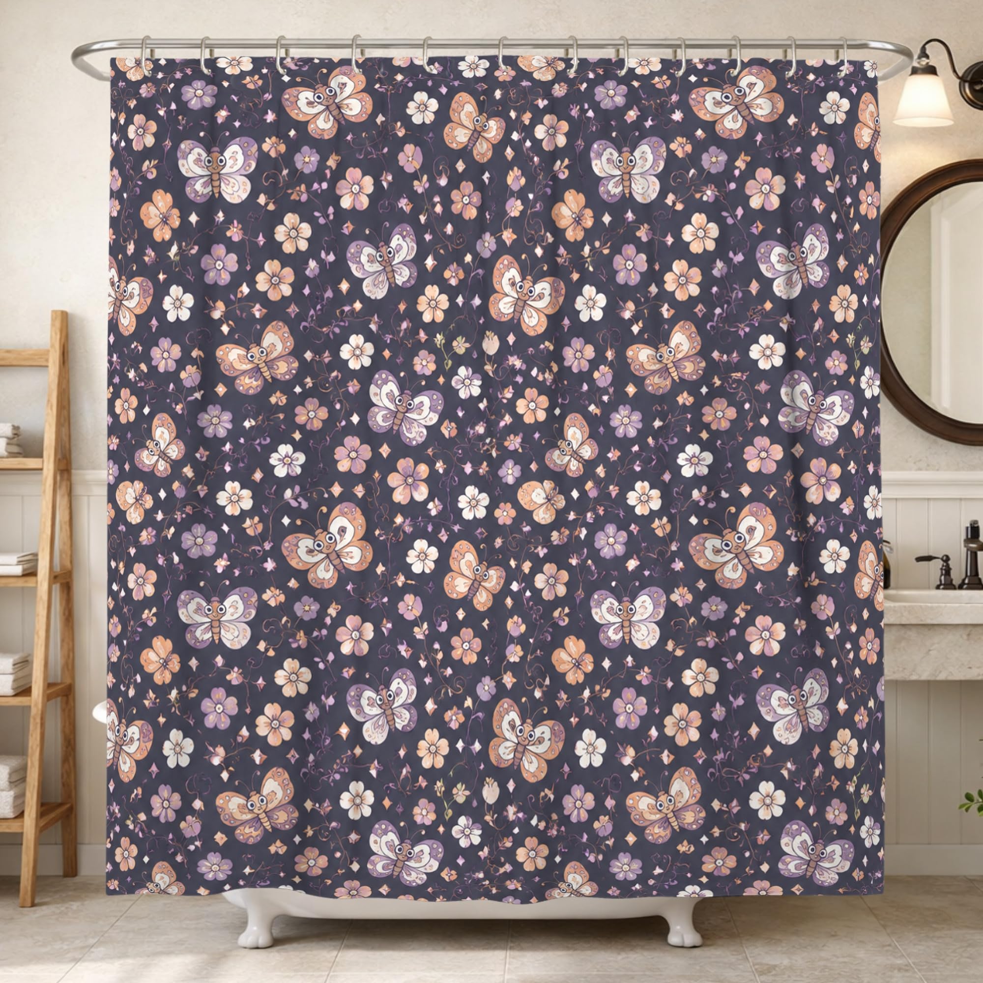 Rideau de douche violet motif papillon en tissu imperméable de 183x213 cm