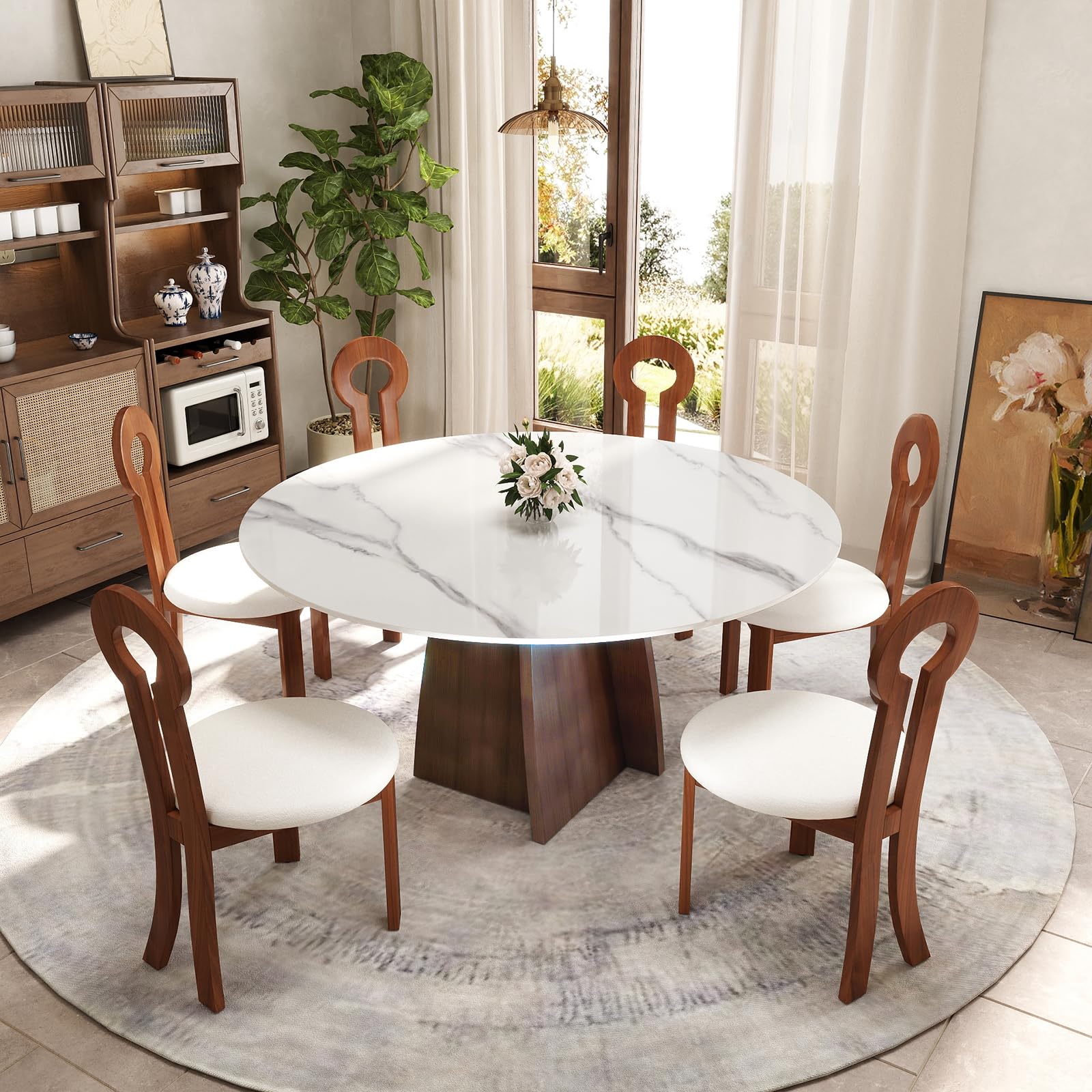 Round Dining Table for 4-6, Modern Dining Room Table 53" Sintered Stone Tabletop with Copper Stainless Steel Base for Kitchen (Table Only)