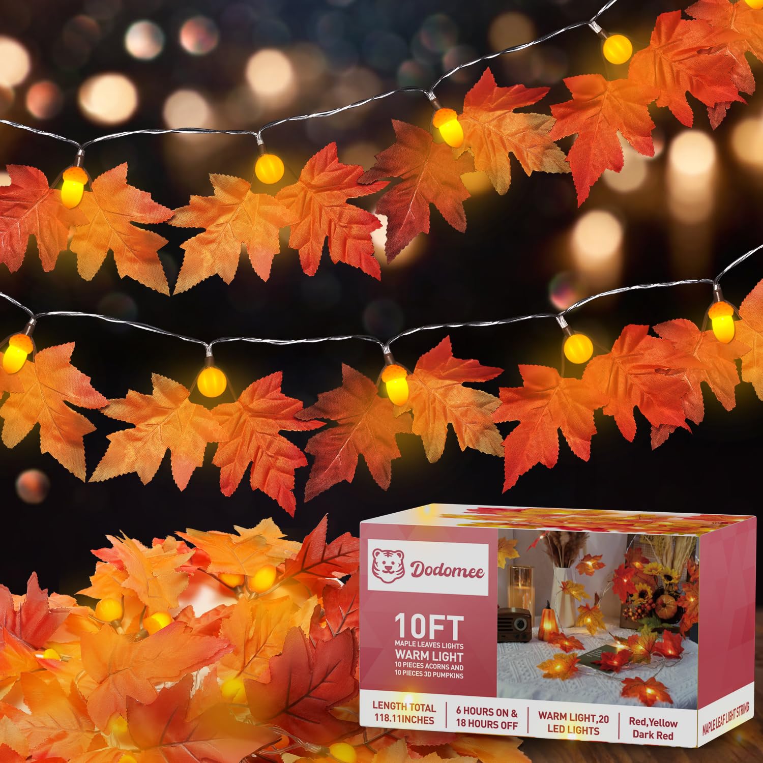 fall garland with lights thanksgiving decorations: 4 pack lighted leaves decor string light total 80 led battery operated orange pumpkin decoration for home outdoor indoor halloween christmas autumn