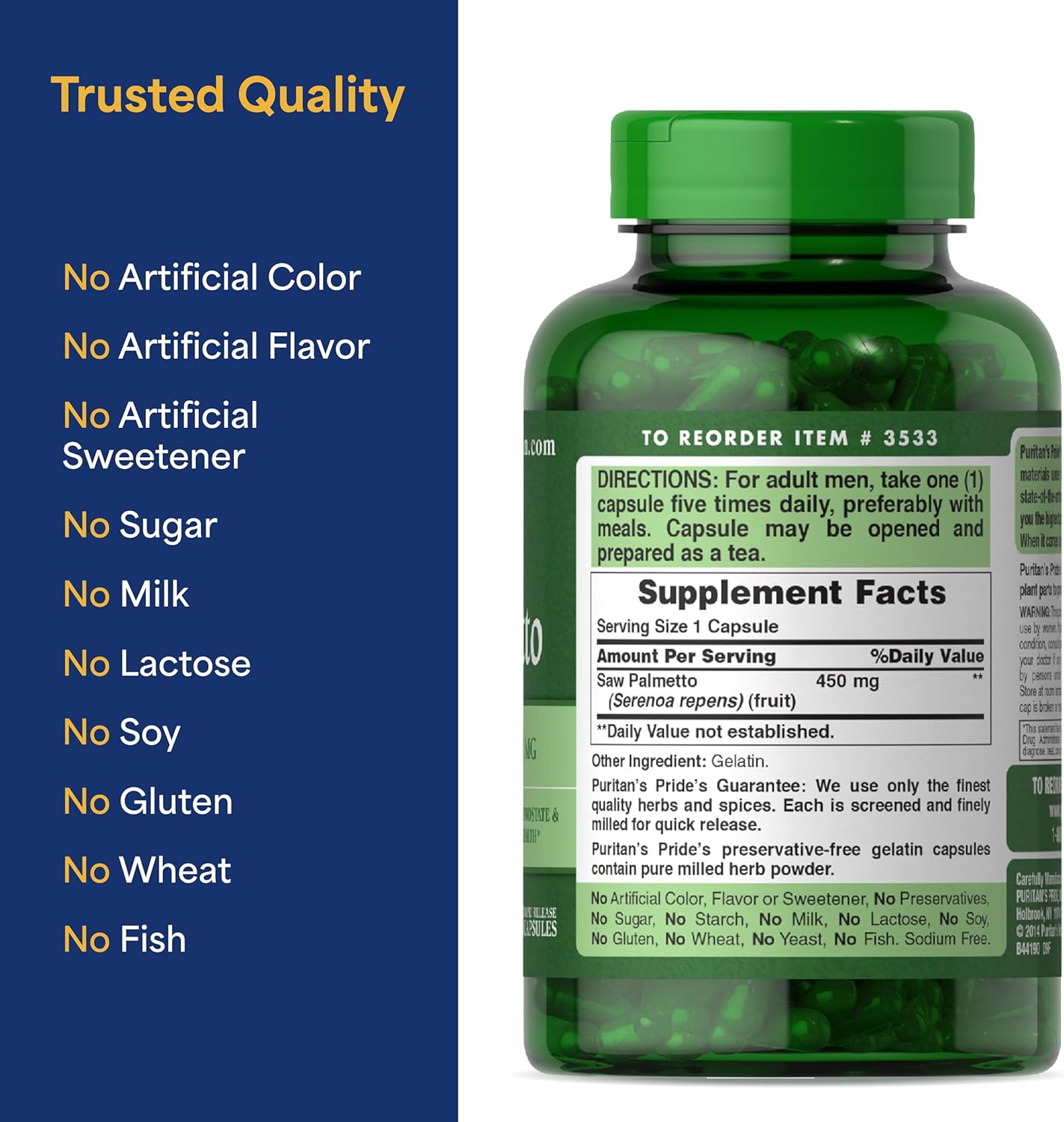 Puritan's Pride Flow Guard™ Saw Palmetto Extract 450mg, Natural Whole Herb Traditional Herbal Dietary Supplement for Mens Prostate and Urinary Health Support, 200 Rapid Release Capsules