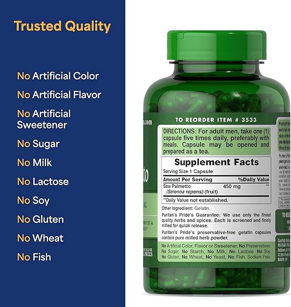 Puritan's Pride Flow GuardTM Saw Palmetto Extract 450mg, Natural Whole Herb Traditional Herbal Dietary Supplement for Mens Prostate and Urinary Health Support, 200 Rapid Release Capsules