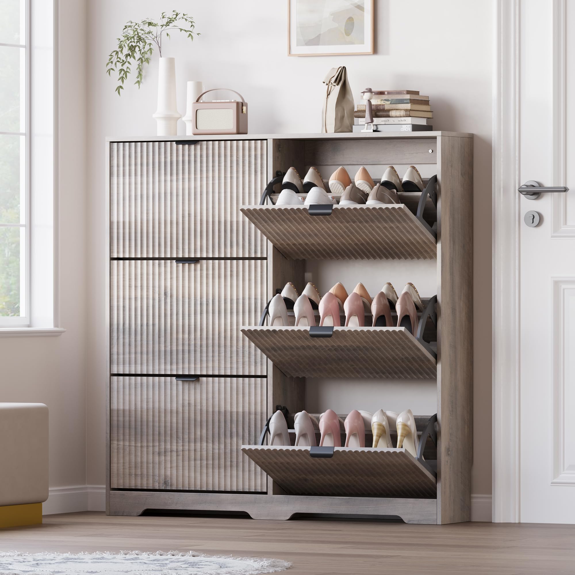 BORNOON Large Shoe Cabinet for Entryway, Tall Narrow Shoe Storage Cabinet with 6 Flip Drawers and Adjustable Shelves, Shoe Rack Cabinet Organizer for Hallway, Foyer, Small Apartment