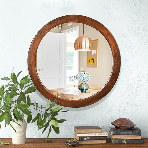 Miniatura 3 de CULER Espejo redondo de madera de 24 pulgadas, espejo circular con marco de nogal para pared, espejo de pared redondo decorativo rústico para baño