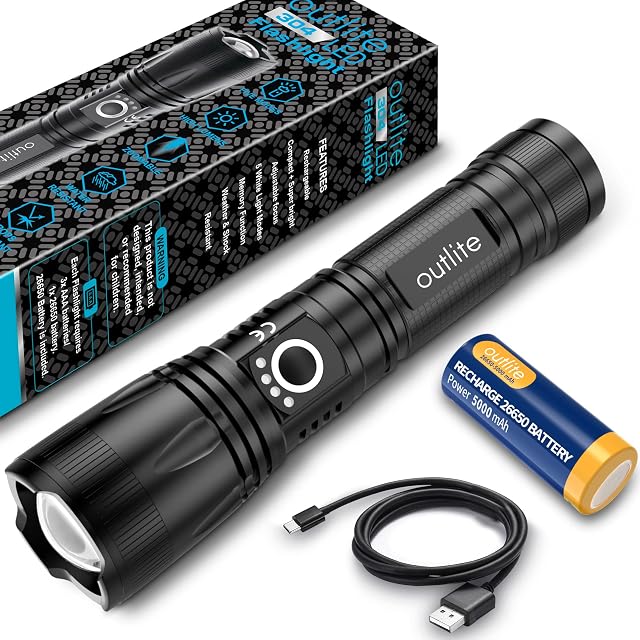 outlite Torch 5000 High Lumens, LED Torch 5000mAh USB Rechargeable 26650 Battery Included, 5 Light Modes, Zoomable, Long Working Time Tactical Handheald Torch for Hiking Hunting Emergency