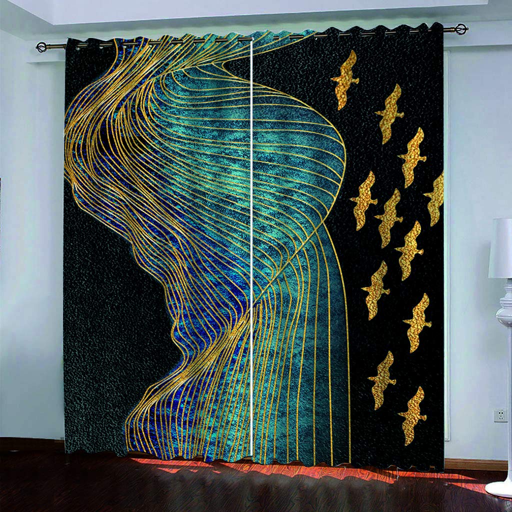 Rideaux occultants thermiques 3D oiseaux dorés 234x230 cm pour isolar la chambre et le salon