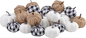 joybest 24pcs Mixed Artificial Pumpkins Assorted Size Color Harvest Pumpkins Set 12 White Foam Pumpkins, 6 Burlap Pumpkins, 6 Black White Grid Pumpkins for Thanksgiving Decorations Fall Wedding Decor