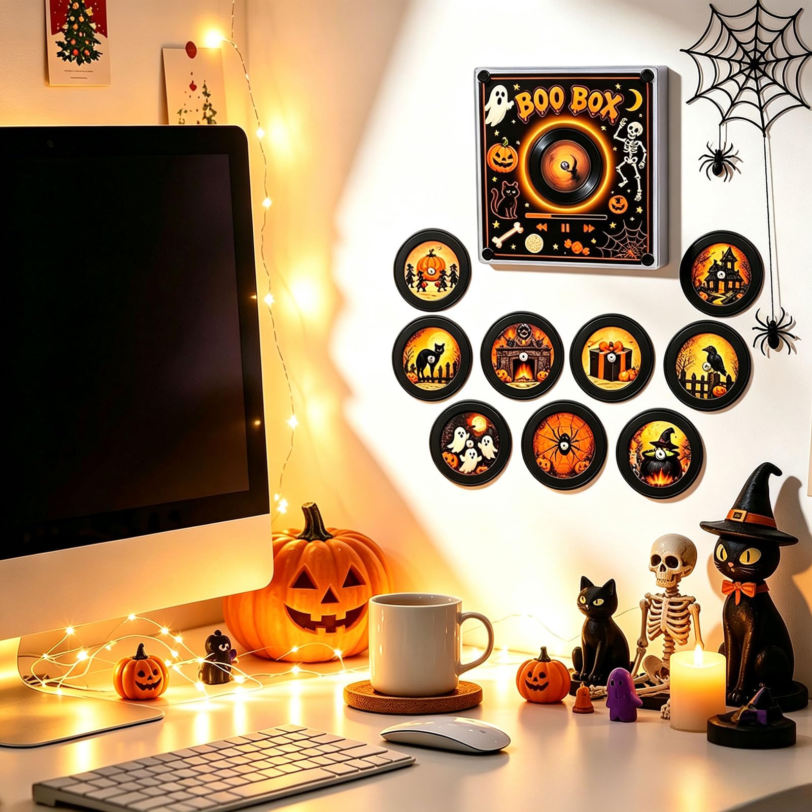 Aimant de Frigo Musical Noel, Lecteur Vinyle Aimanté pour Frigo, Aimants Réfrigérateur Rétro Vinyle NFC Programmables avec LED, 9 Disques, Musique Personnalisable，Blanc4