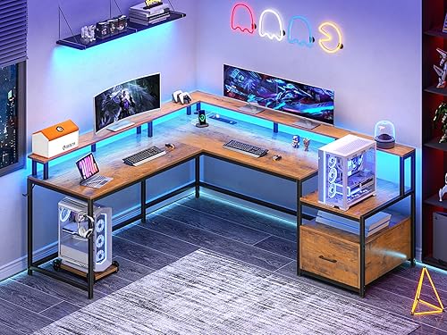 Miniatura 21 de SEDETA - Escritorio gaming en L, para oficina, casa, de 66 pulgadas, con cajón para archivos, toma de corriente, luces LED, repisa para monitor y