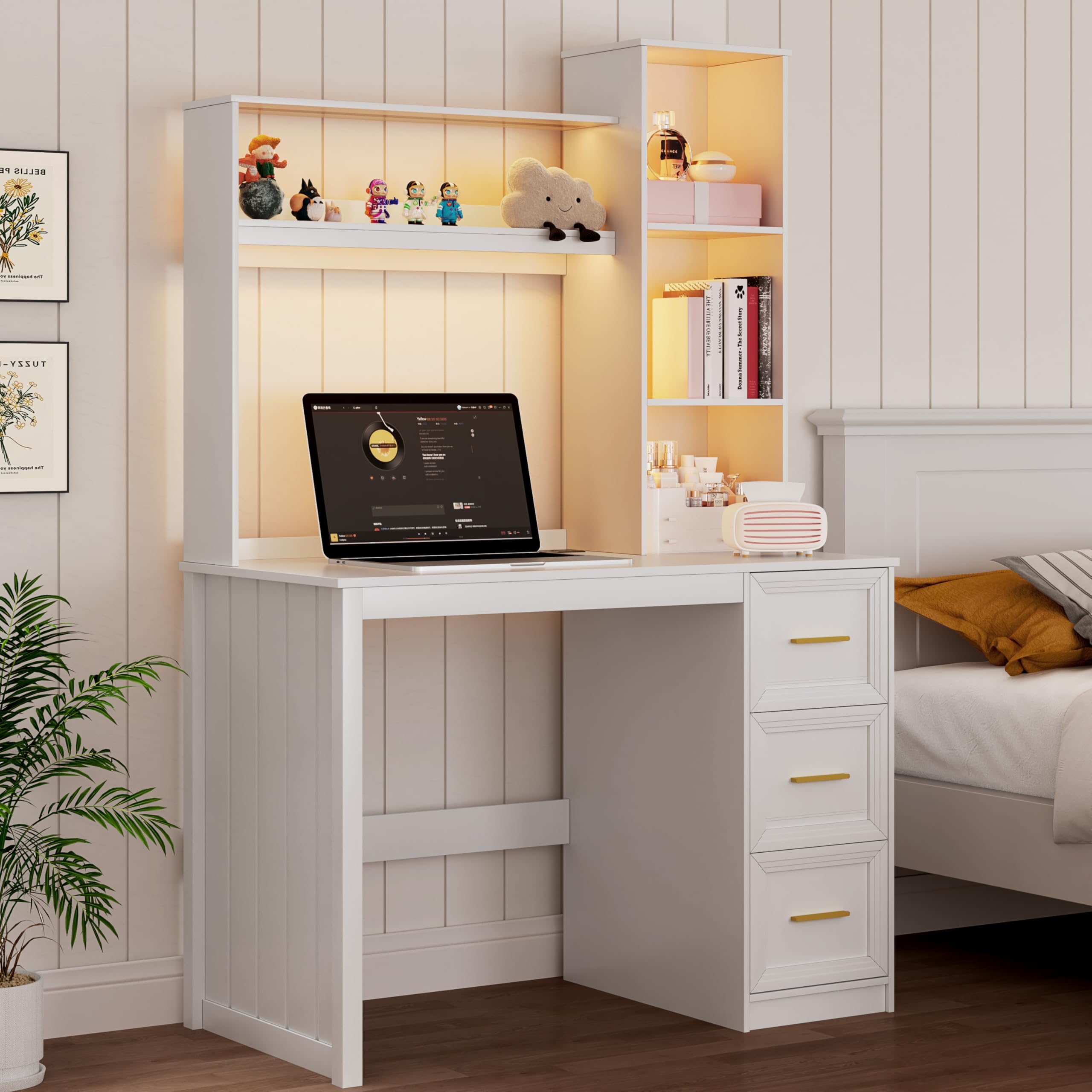 Gurexl 66″ Computer Desk with 2 Power Outlet and LED Lights,Work Desk with 3 Drawers and Shelves,Study Workstation with USB Ports for Write,Play,Home Office, Living Room, Bedroom, White