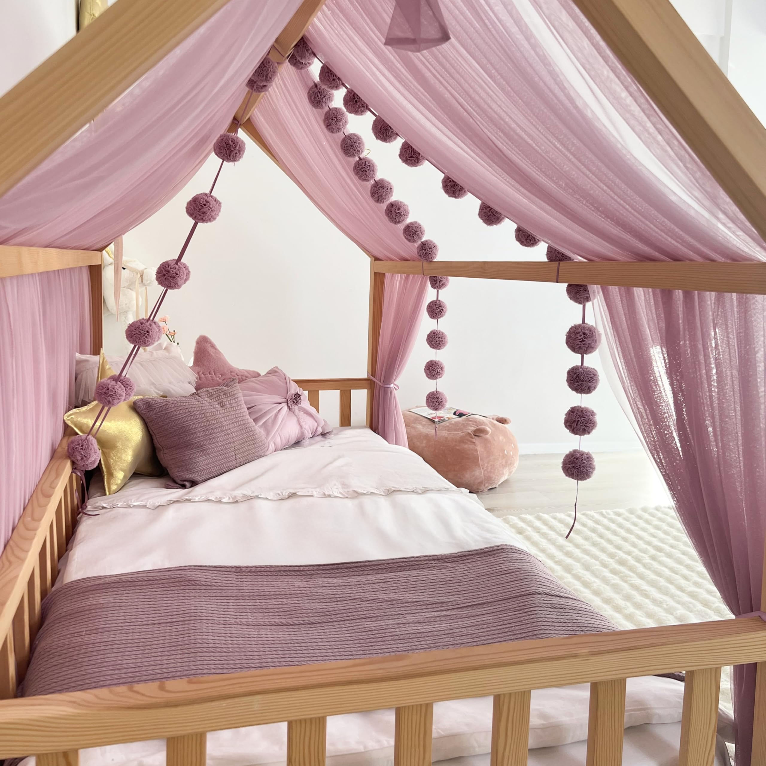 Montessori - Toldo de cama para habitación de niños y niñas, elegante decoración de tul para habitación de niños, cortina de cama para niños pequeños con drapeado suave (lila polvoriento, 380