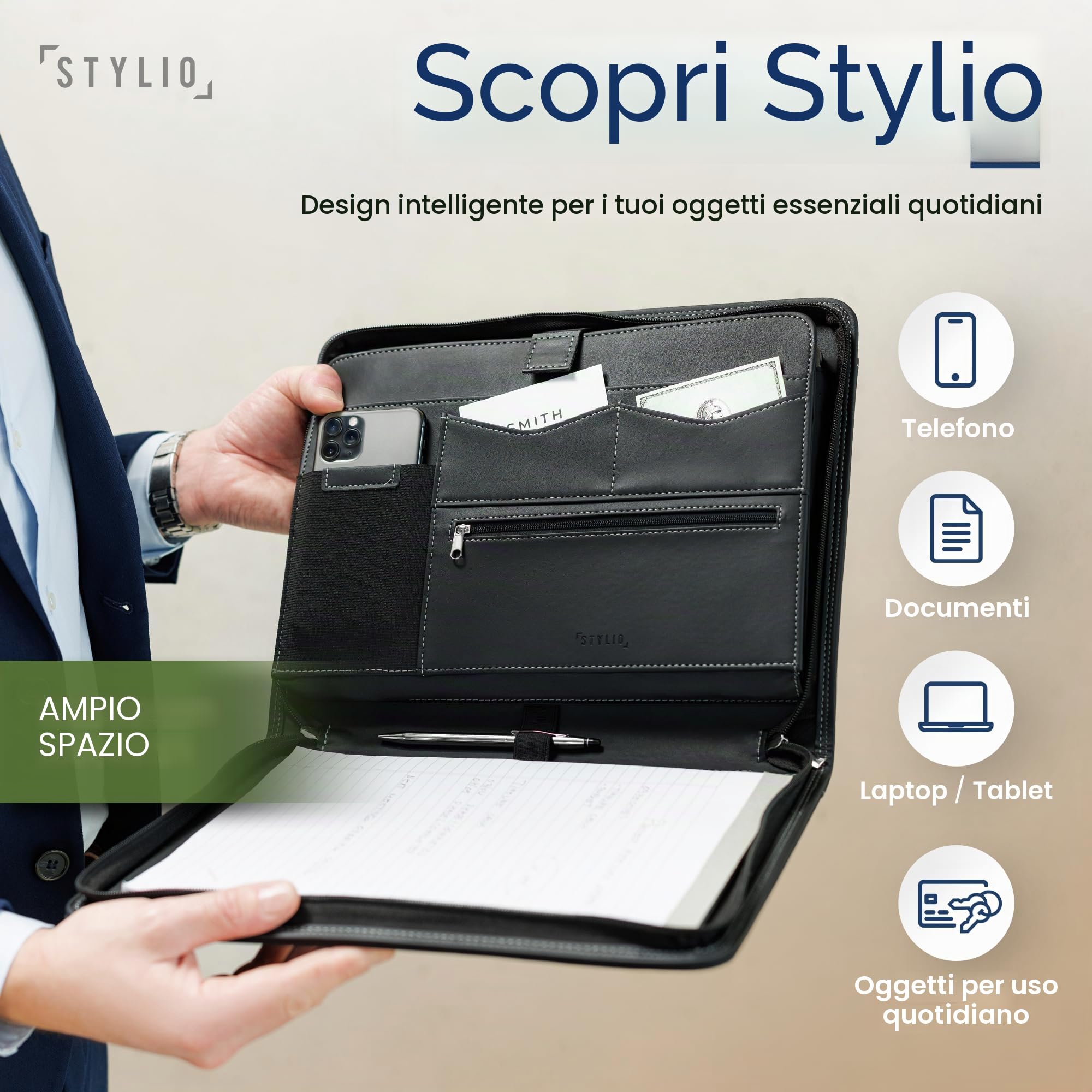 STYLIO A4 Cartella Conferenze con Cerniera Raccoglitore Portadocumenti Organizzatore per Quaderno Smartphone iPad Tablet fino a 11 pollici Chiavi Blocco Note
