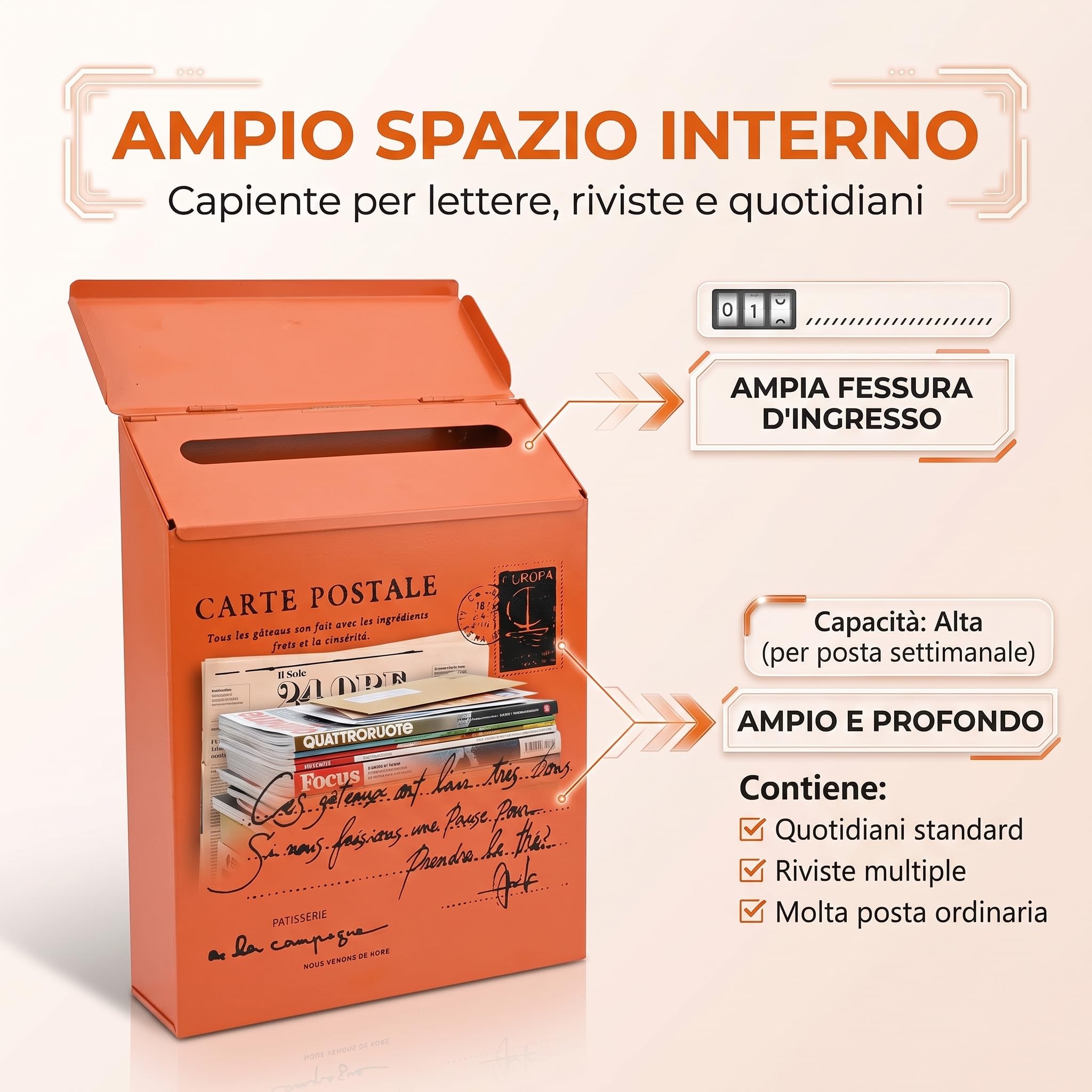 Cassetta Postale da Parete, Cassetta delle lettere vintage resistente alle intemperie con serratura e struttura in ferro impermeabile, per riporre lettere da esterno (arancione)