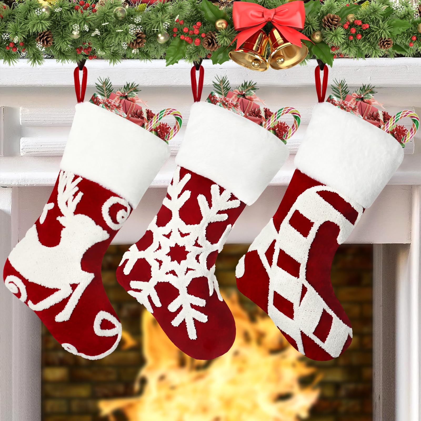 Weldomcor Christmas Stockings Set of 3, 18 Inch Large Xmas Stockings Fireplace Embroidered Reindeer Snowflake Hanging Sock Gift Bag Rustic Stocking for Family Holiday Xmas Party Decorations