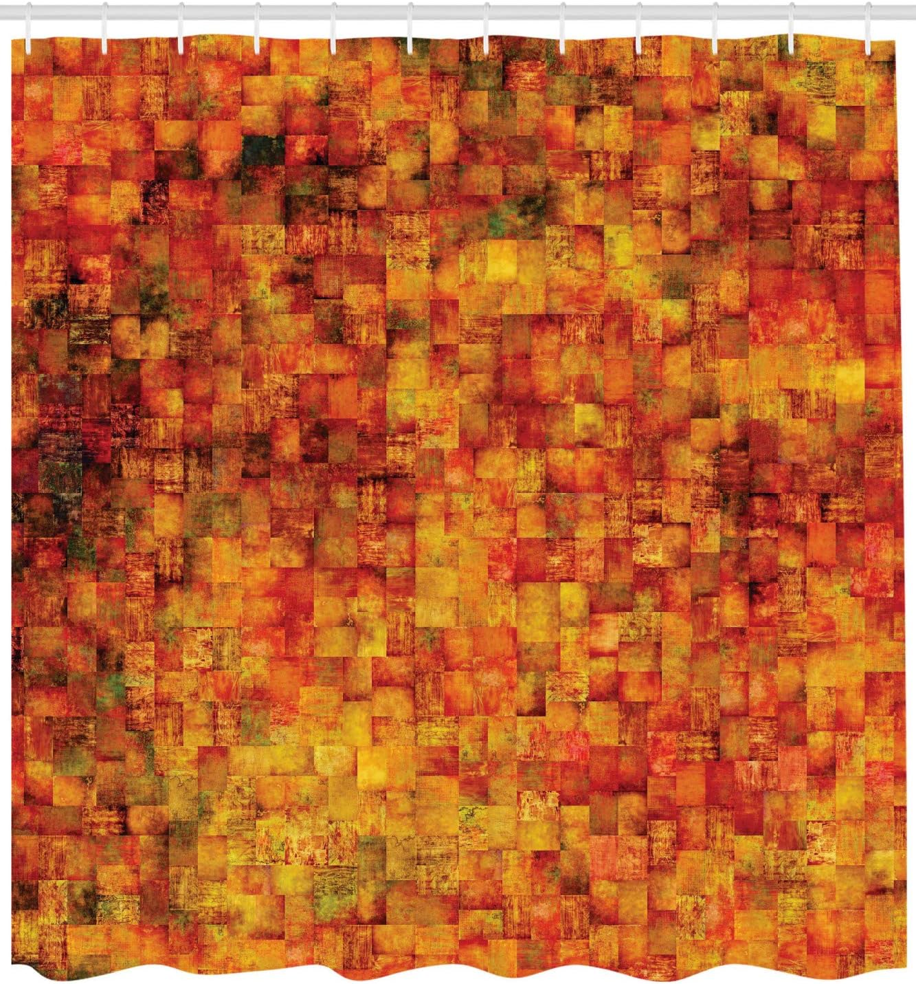 Ambesonne Burnt Orange Shower Curtain, Vintage Mosaic Background Quadratic Little Geometric Squares Faded Print, Cloth Fabric Bathroom Decor Set with Hooks, 69" W x 70" L, Orange Mustard